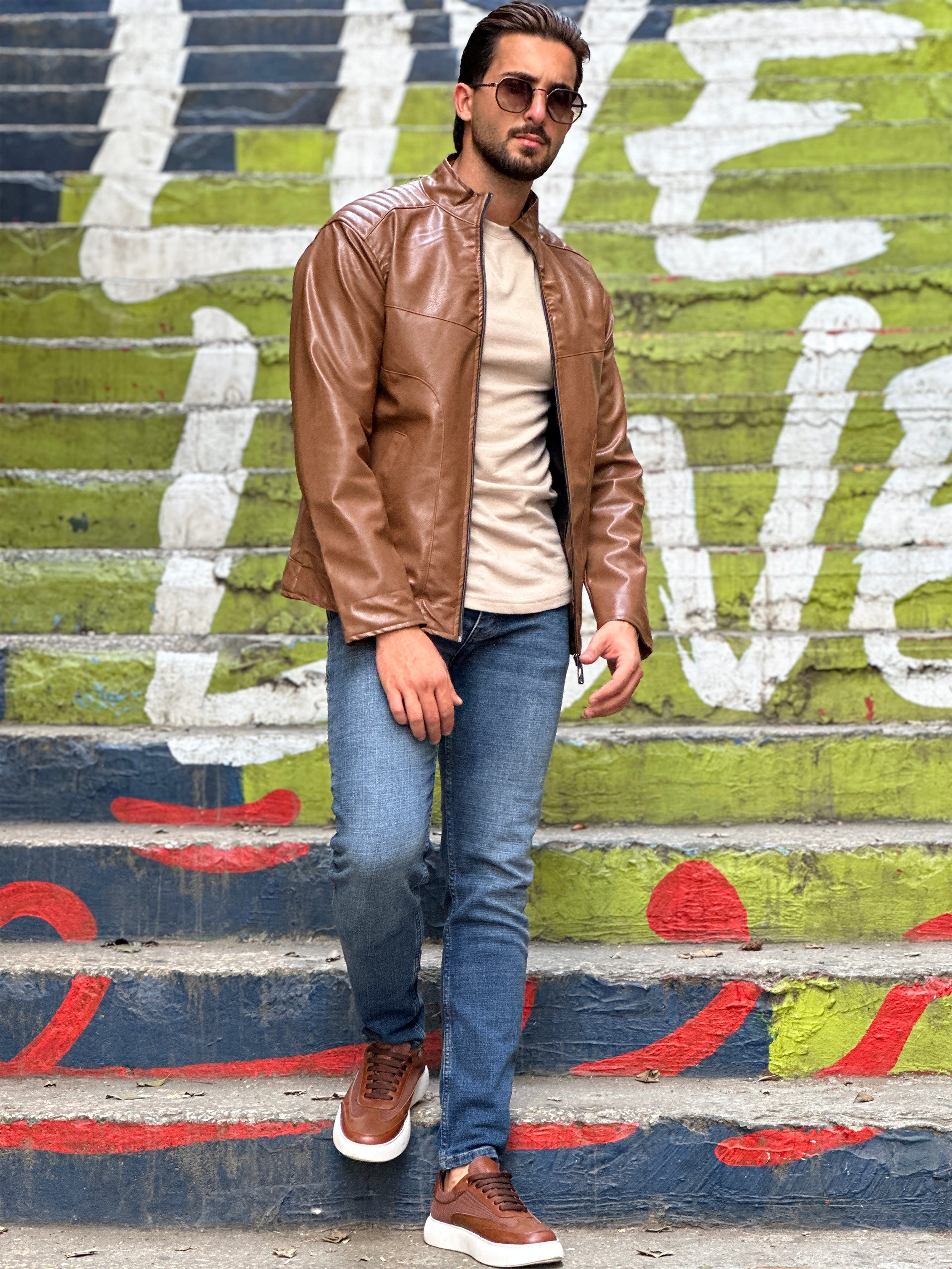 Havane High Neck Faux Leather Jacket