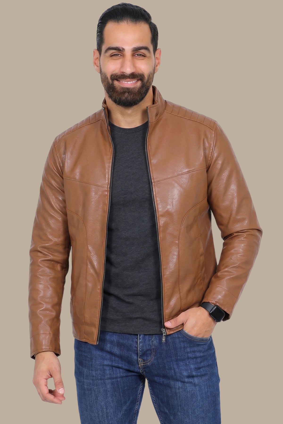 Havane High Neck Faux Leather Jacket