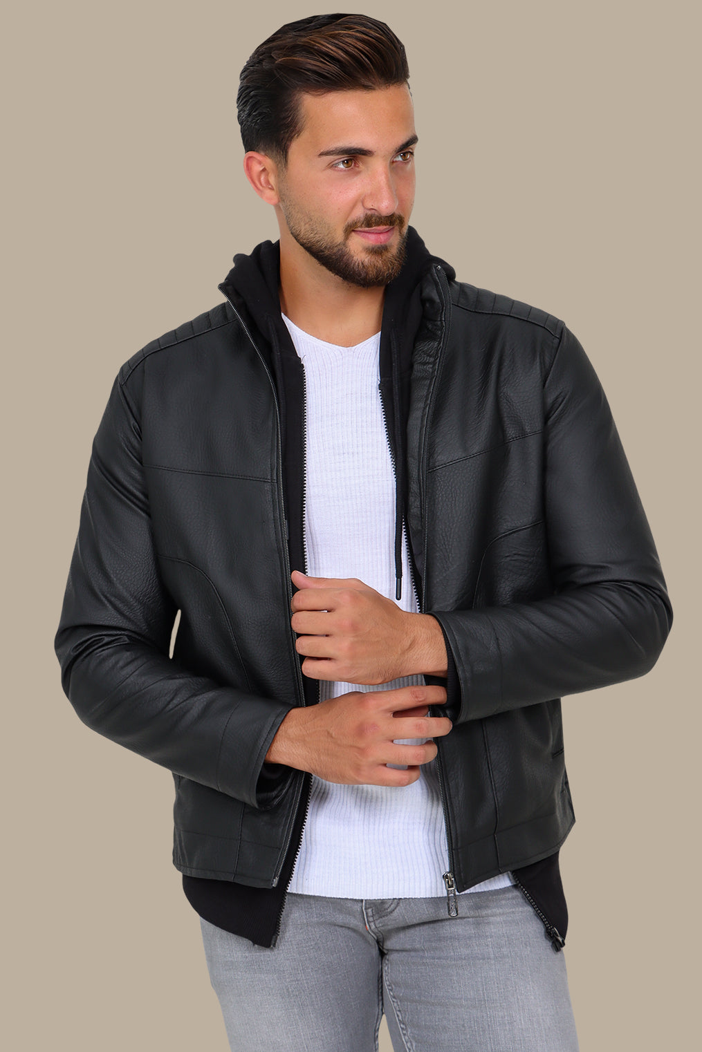 Black High Neck Faux Leather Jacket