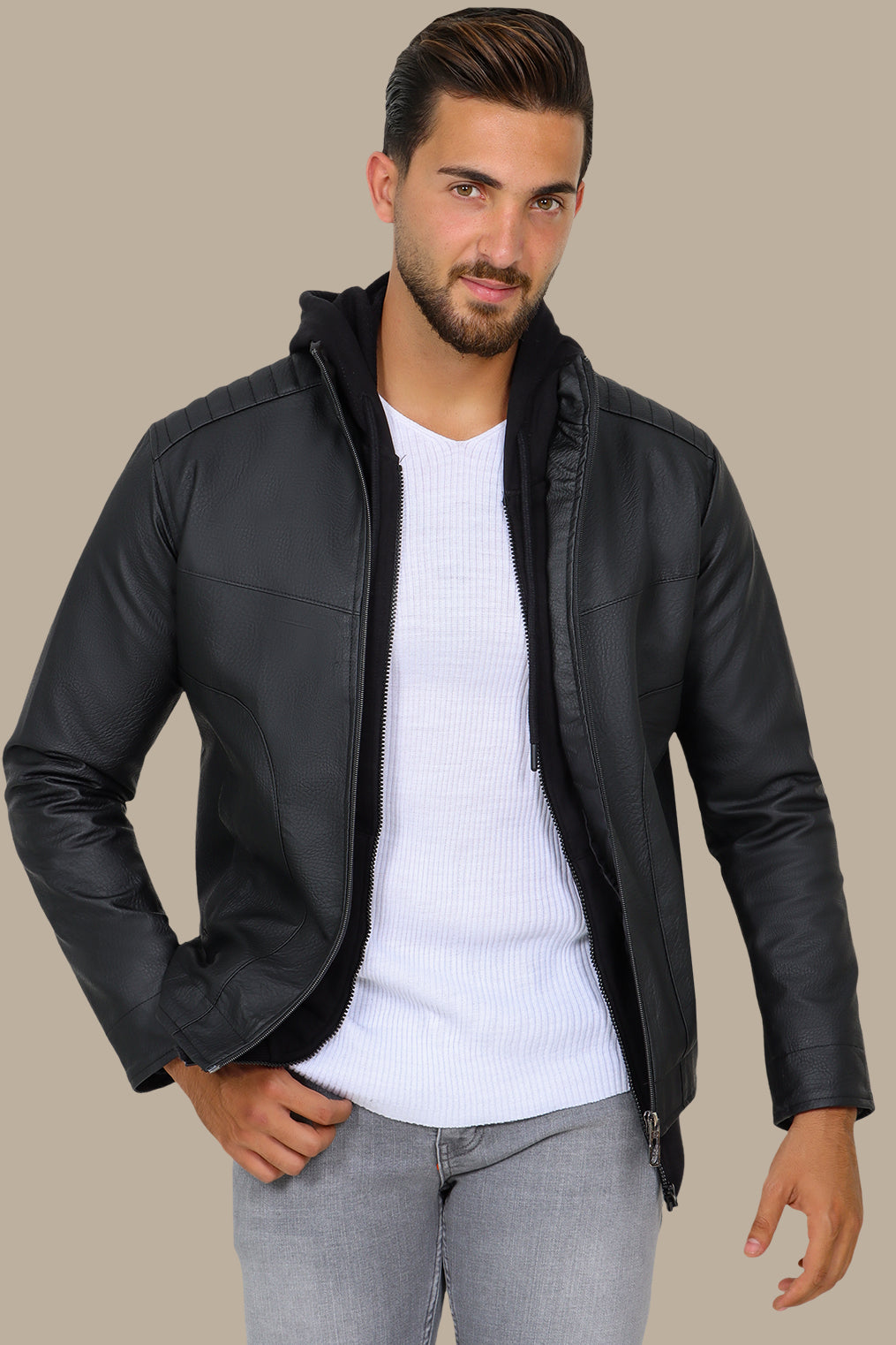 Black High Neck Faux Leather Jacket
