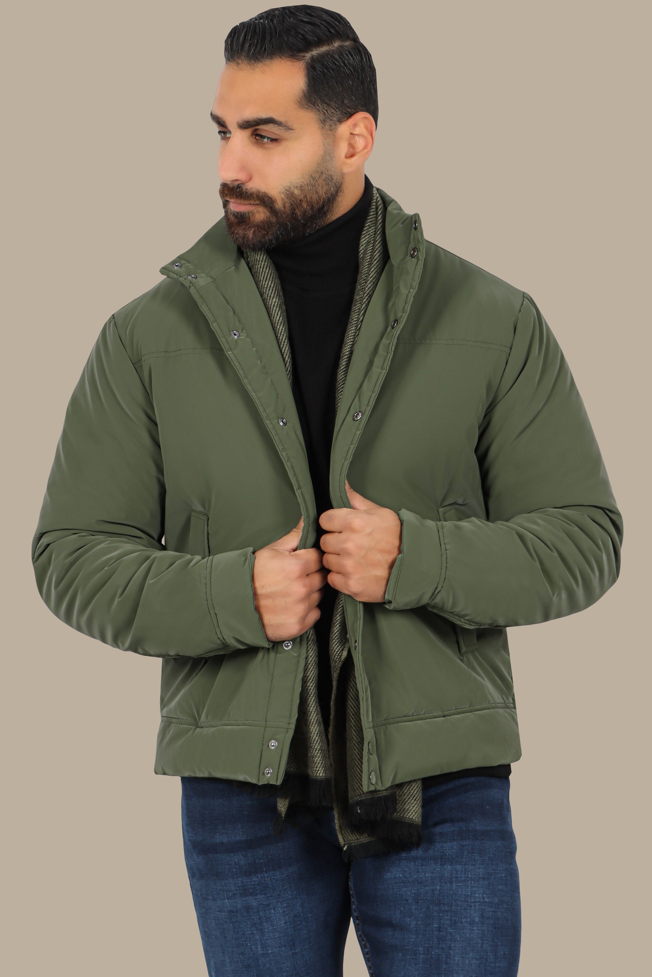 Olive Full Button Puffer Jacket