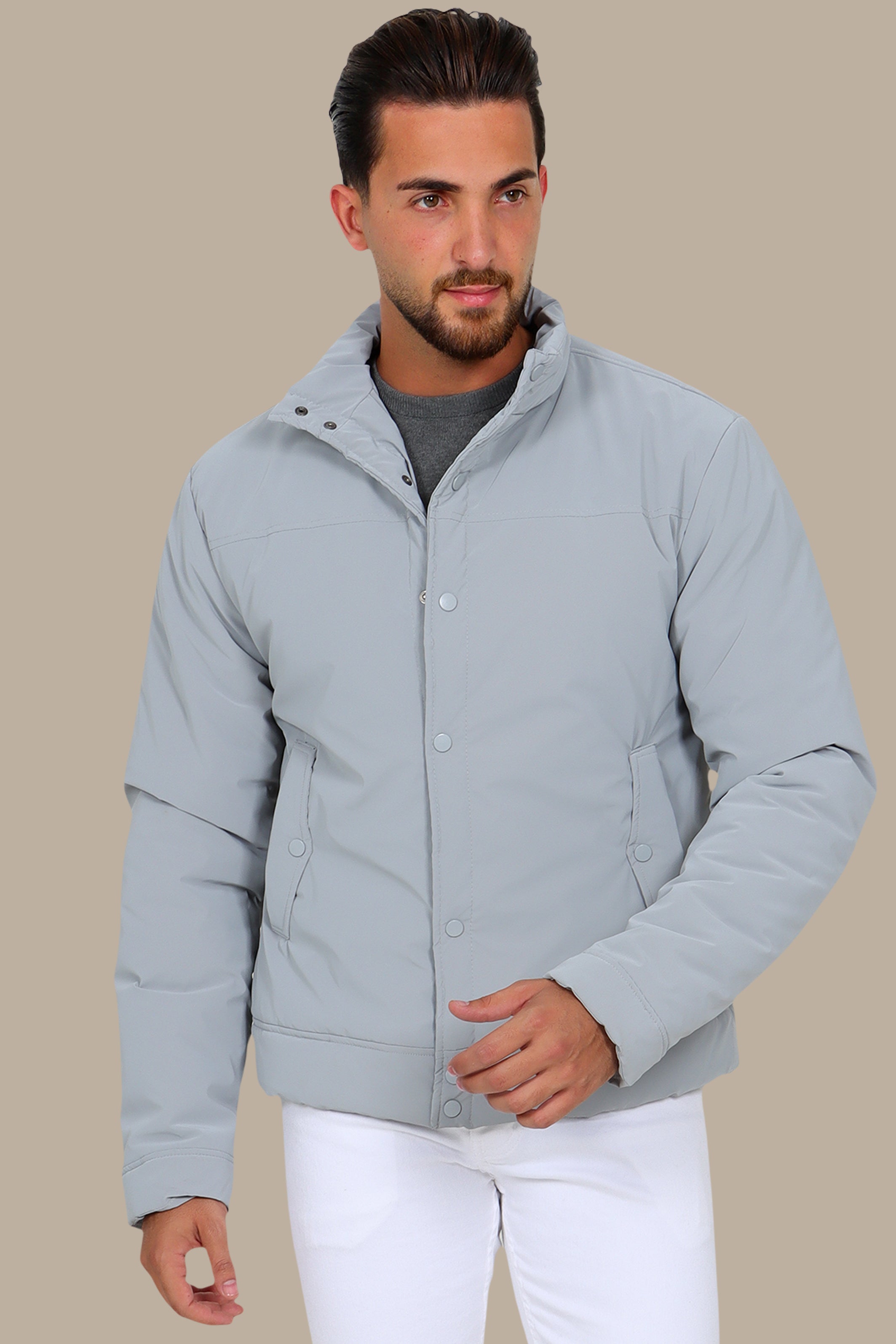 Grey Full Button Puffer Jacket