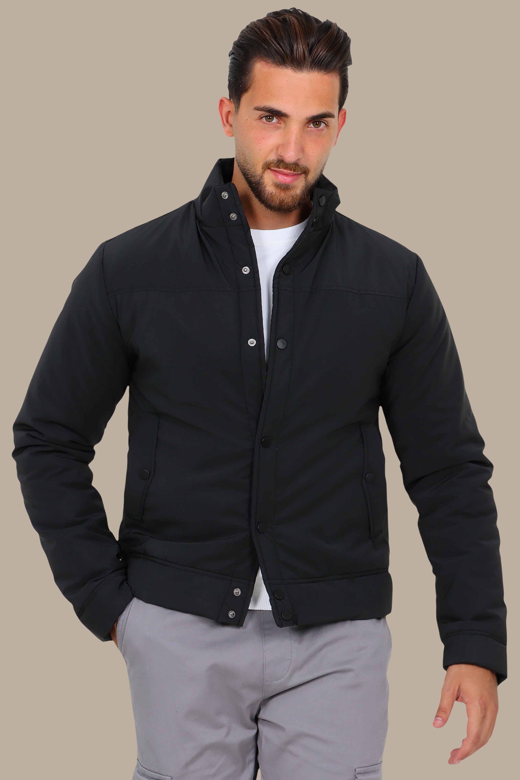 Black Full Button Puffer Jacket