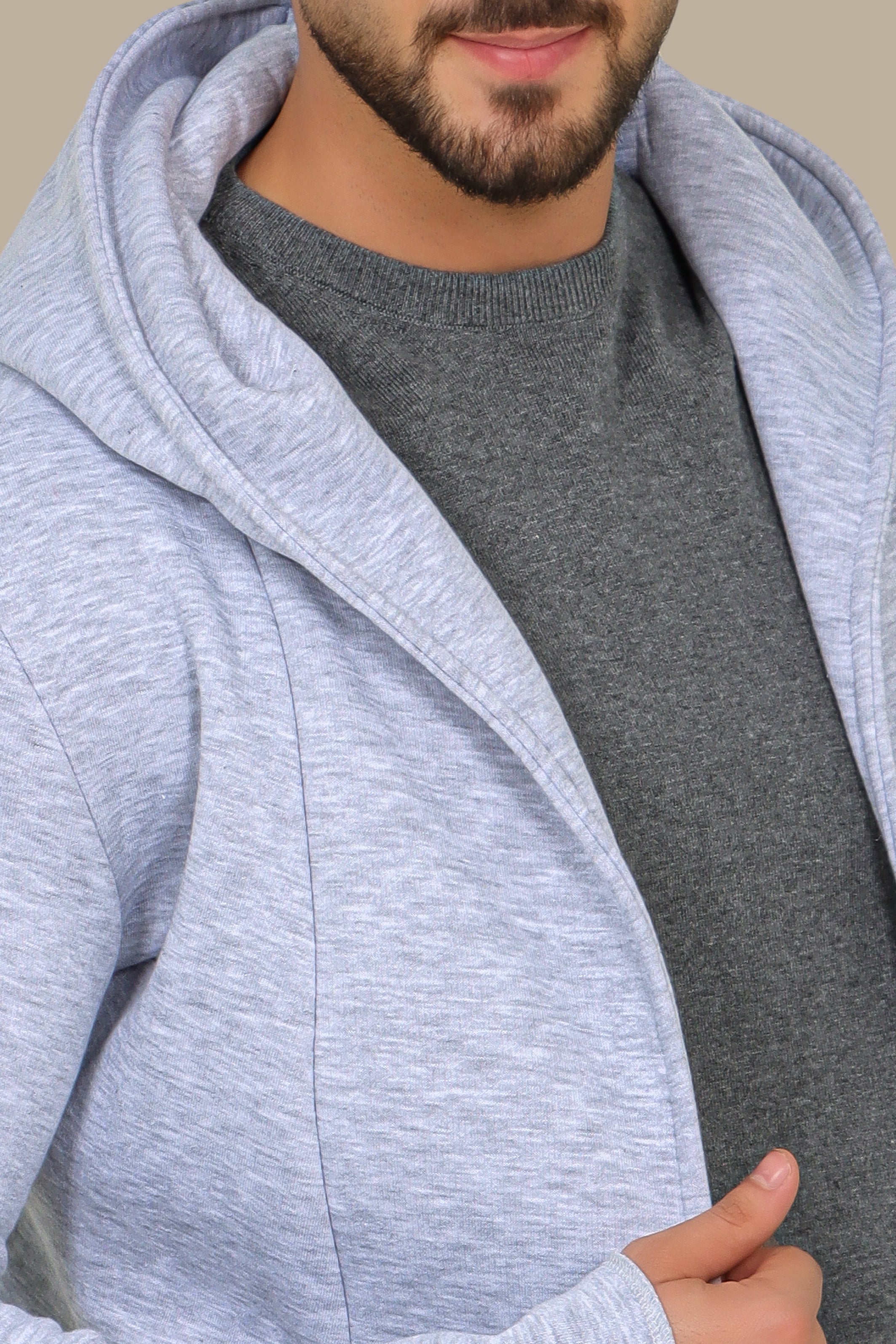 Grey Fleece Long Cardigan with Hood
