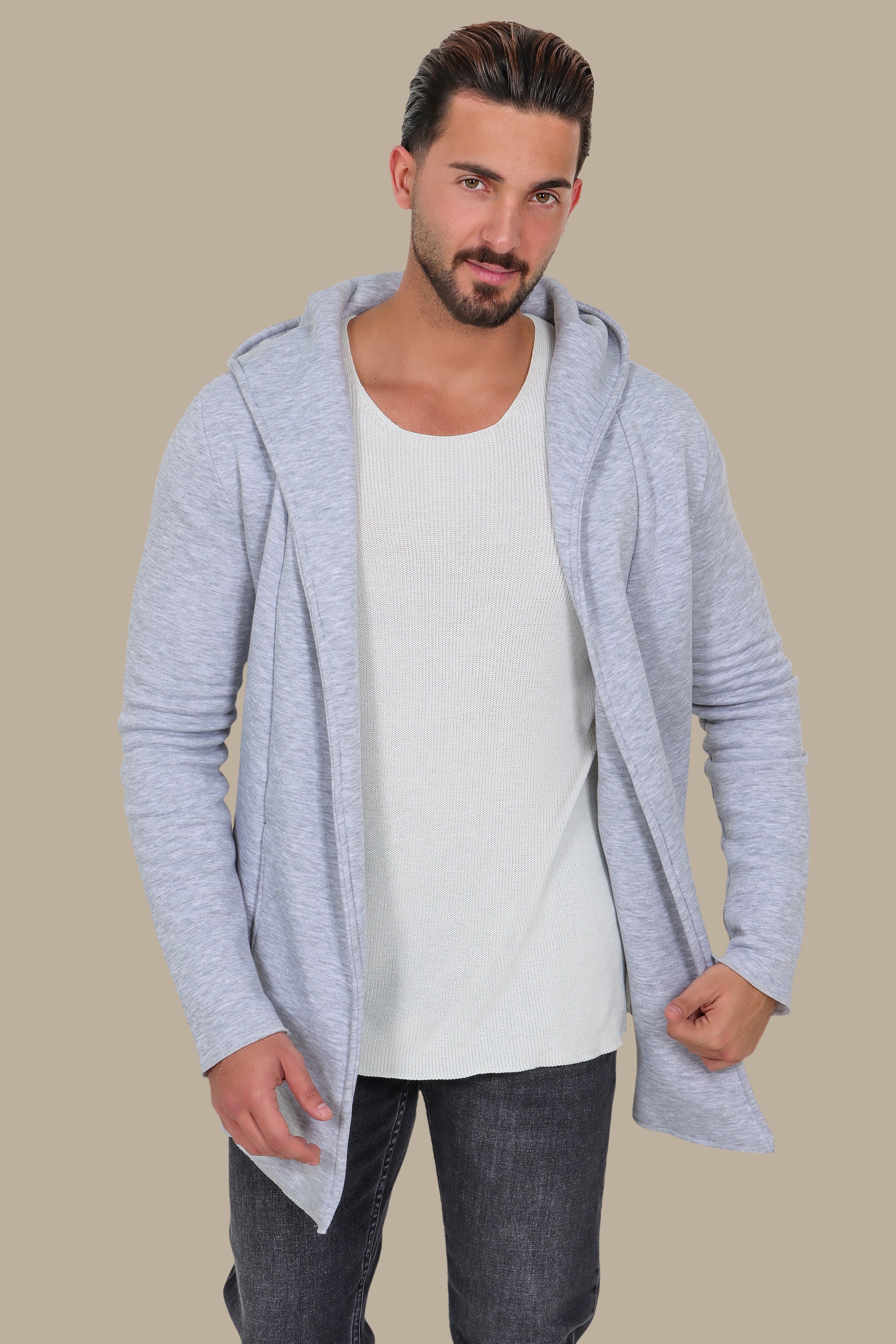Grey Fleece Long Cardigan with Hood