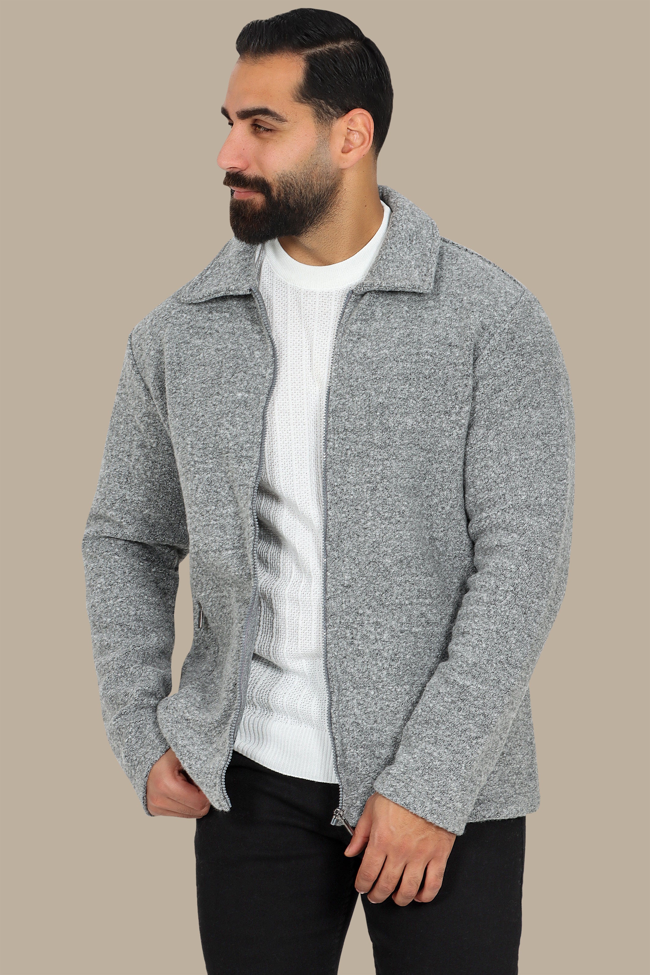 Grey Wool Jacket with Zipper – Elegant & Timeless