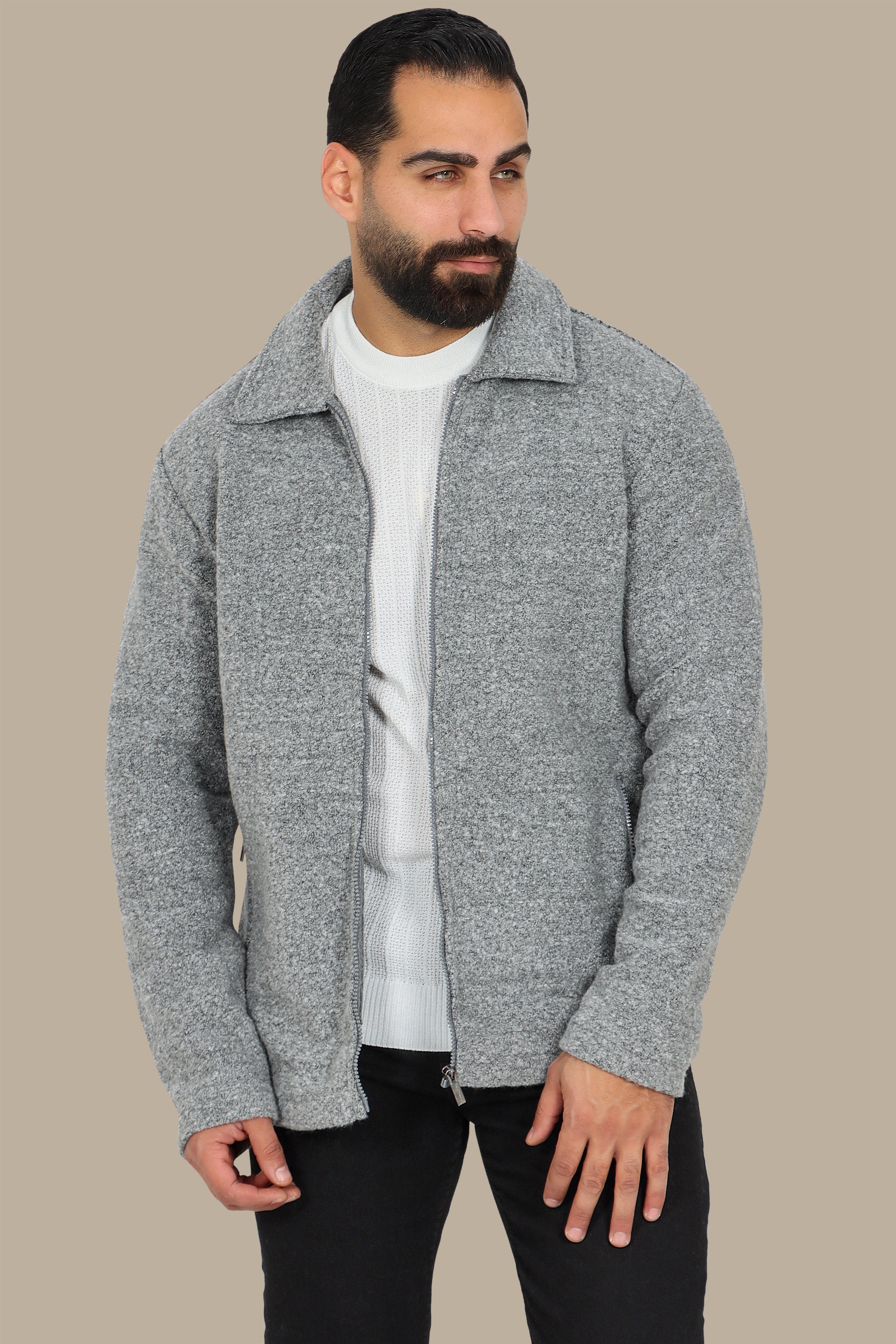 Grey Wool Jacket with Zipper – Elegant & Timeless