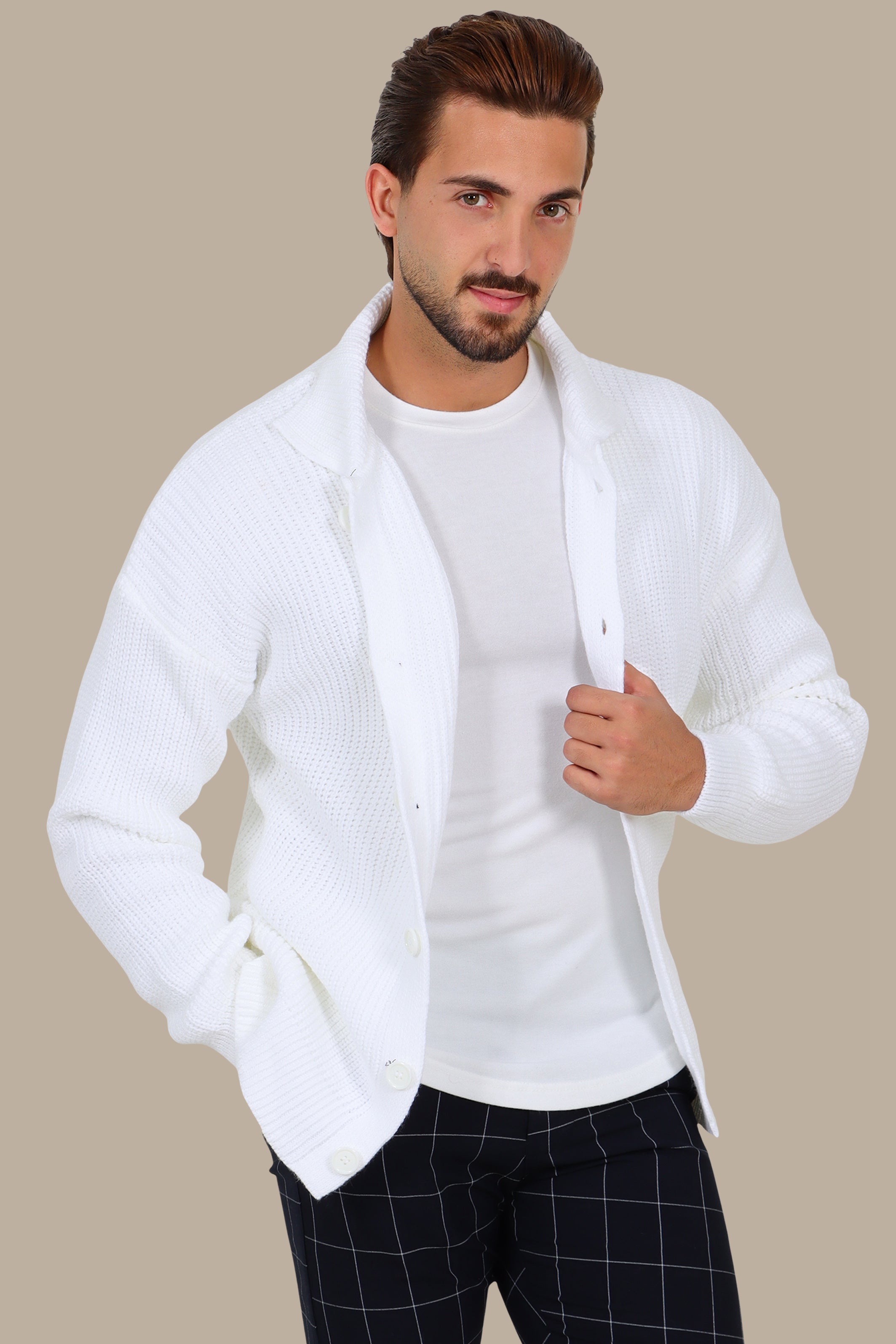 White Mercerized Cardigan with Full Buttons