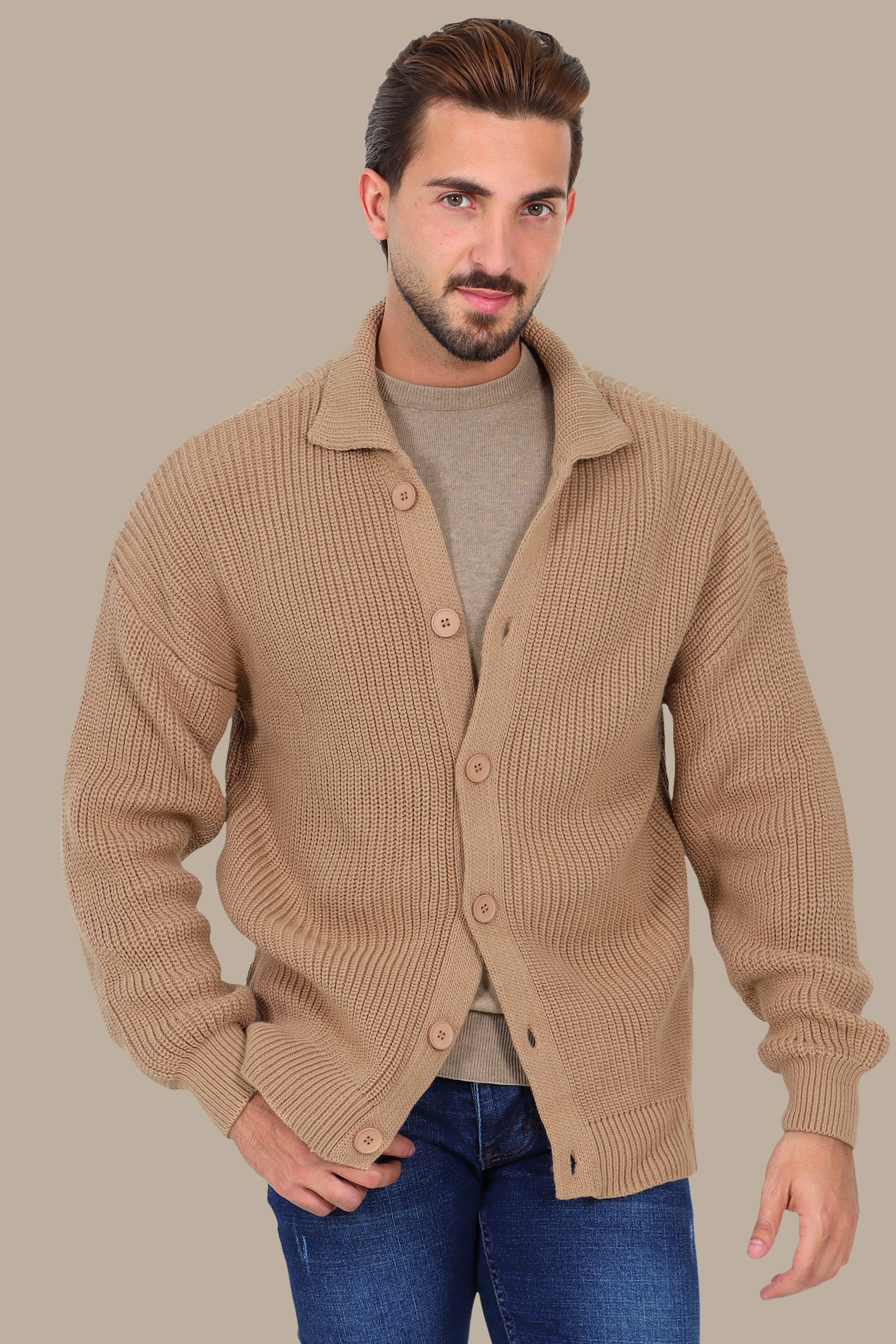Beige Mercerized Full-Button Cardigan