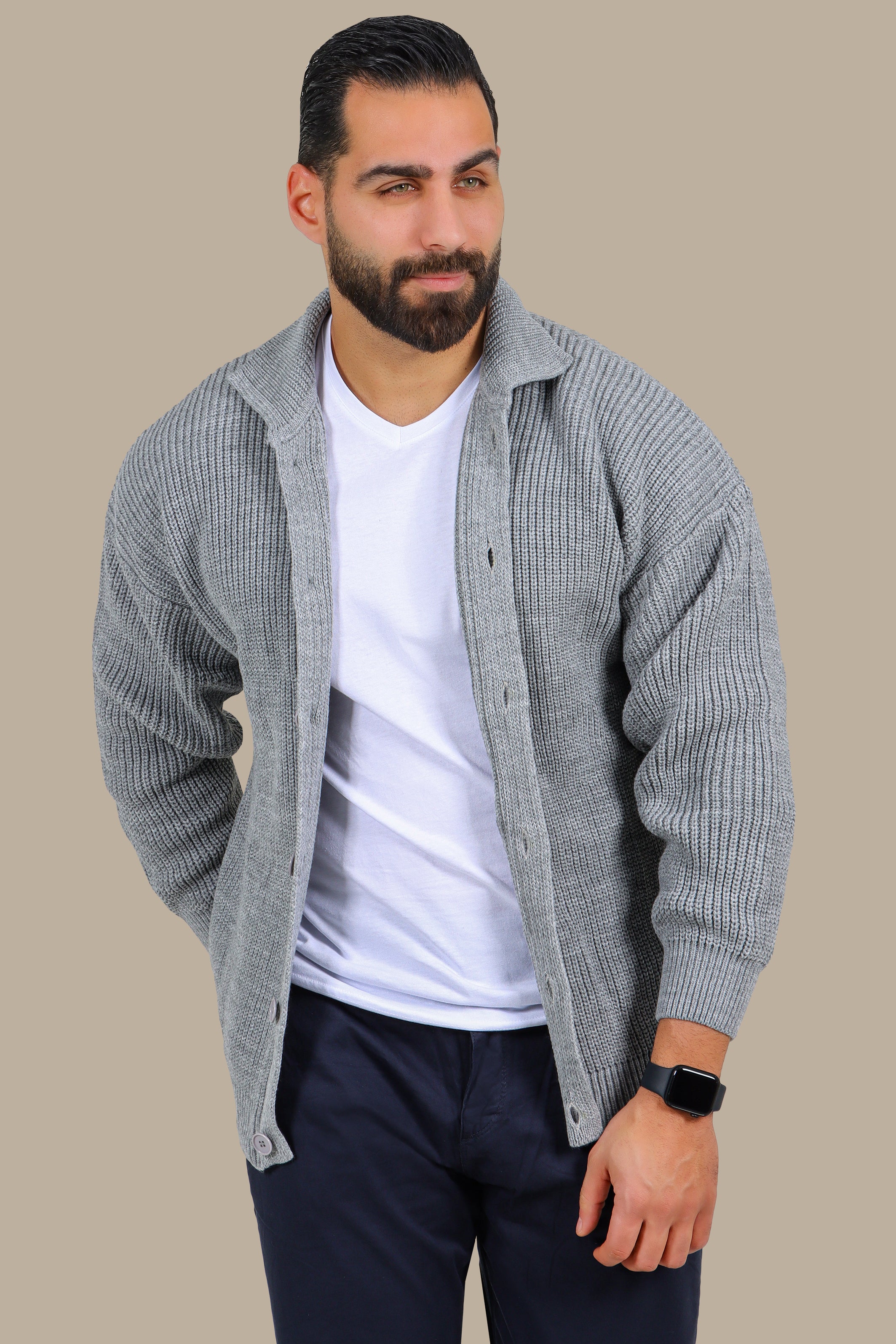 Mercerized Full-Button Cardigan - Grey