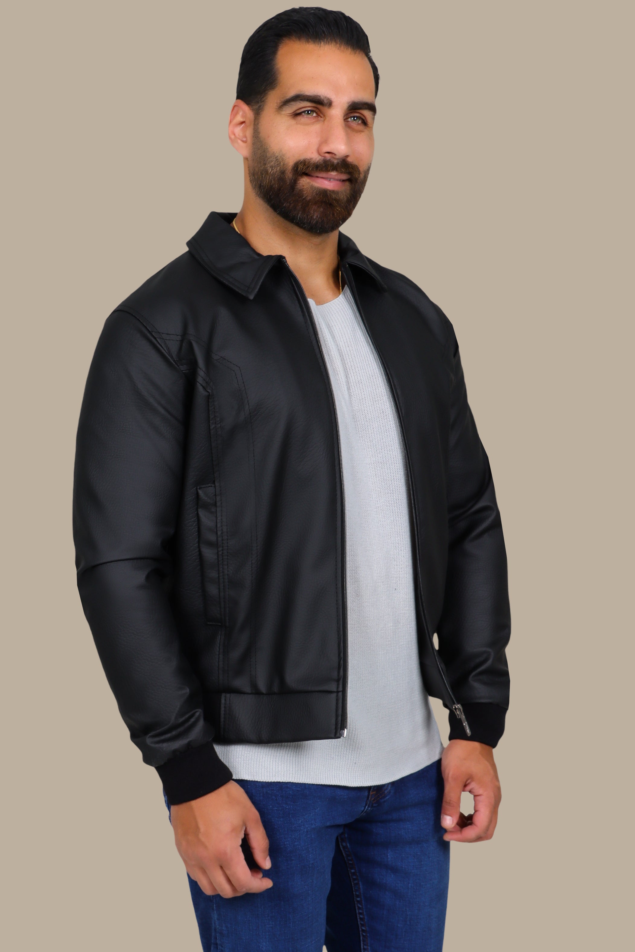 Timeless Charm: Black Leather Jacket with Classic Collar & Zipper