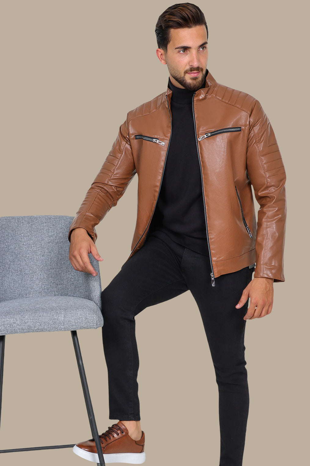 Havane Faux Biker Jacket with 4 Zippers
