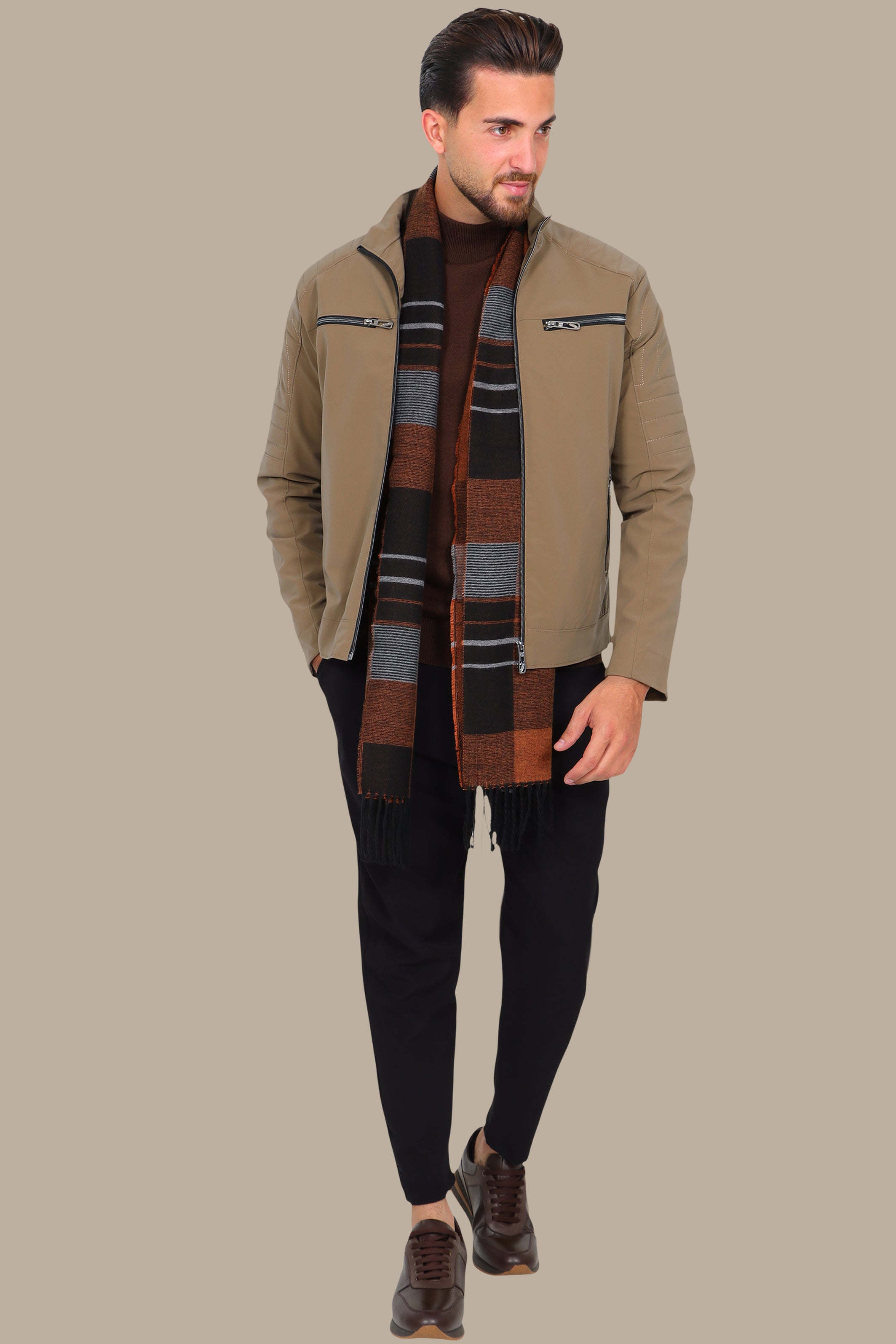 Bold Edge: Beige Faux Leather Biker Jacket with Four Zippers