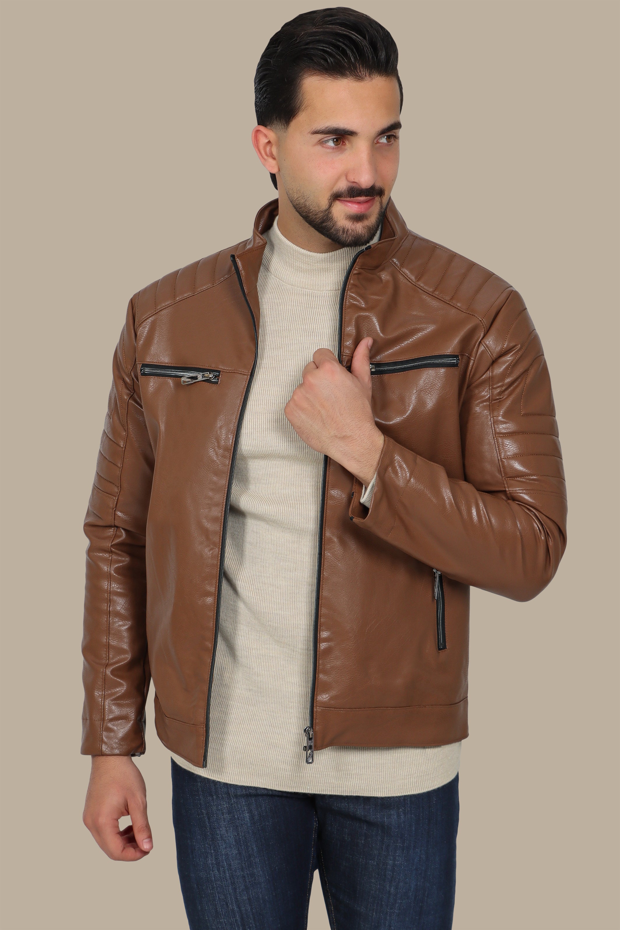 Havane Faux Biker Jacket with 4 Zippers
