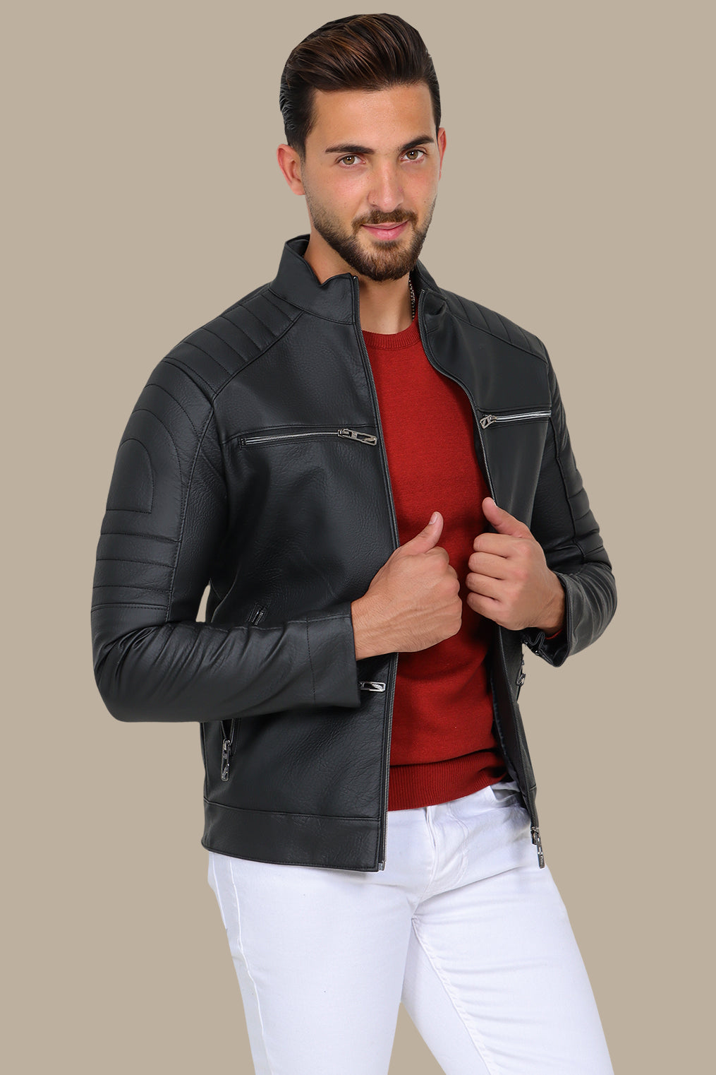 Black Leather Biker Jacket with Round Stitch and 4 Zippers