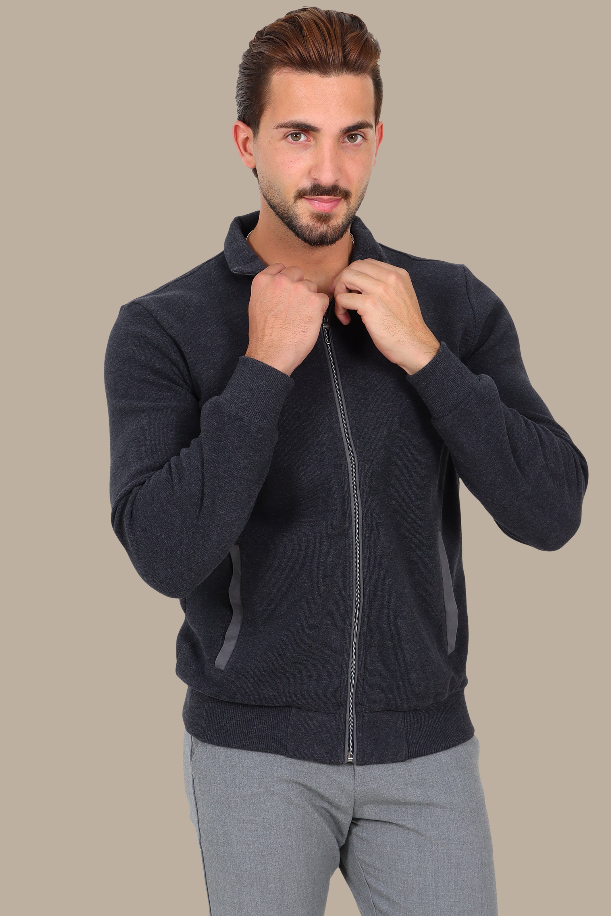 Dark Grey Full-Zip Cardigan with Velvet Collar and Buttons