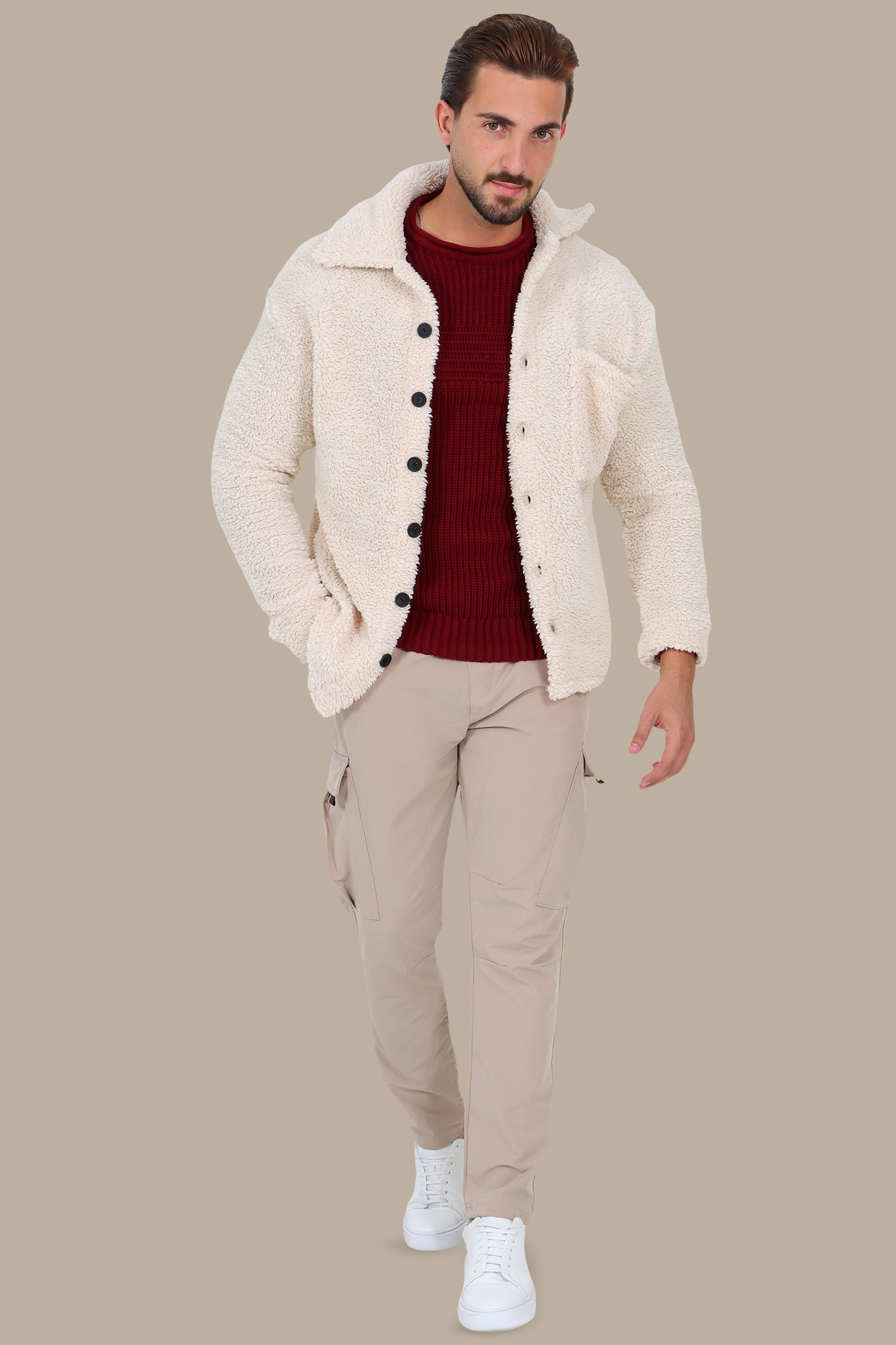 Light Beige Full-Button Teddy Cardigan