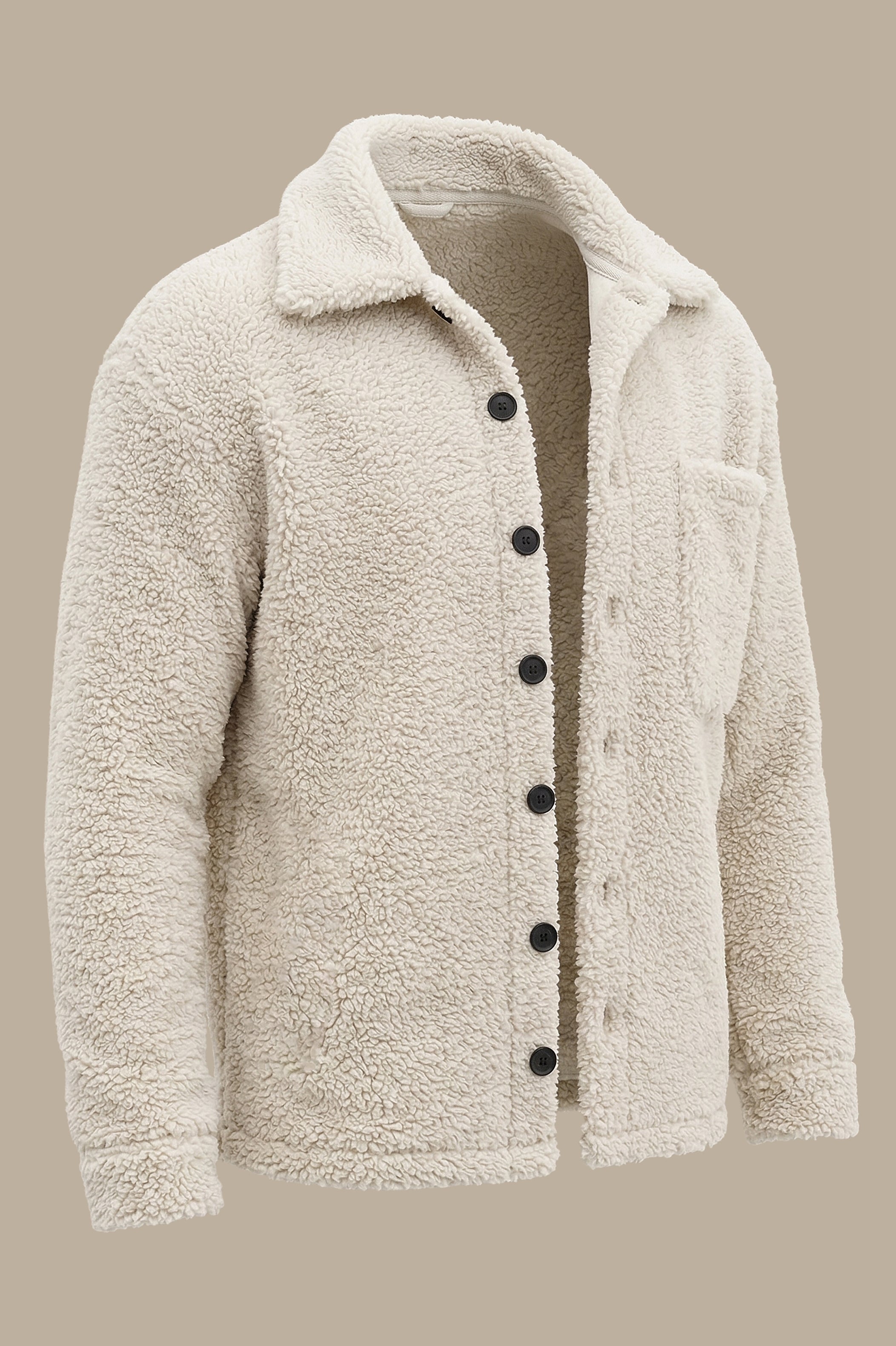 Light Beige Full-Button Teddy Cardigan