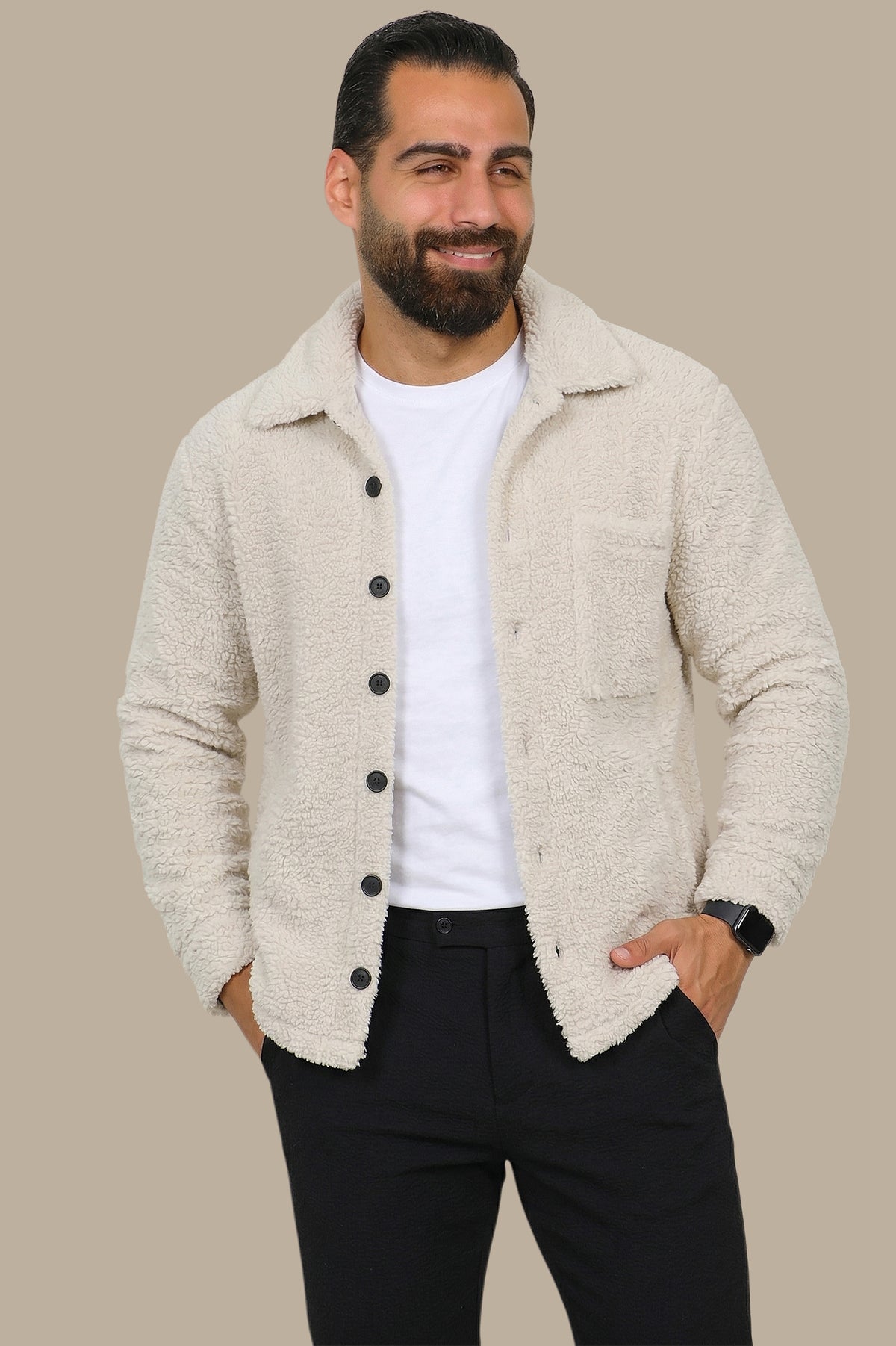 Light Beige Full-Button Teddy Cardigan