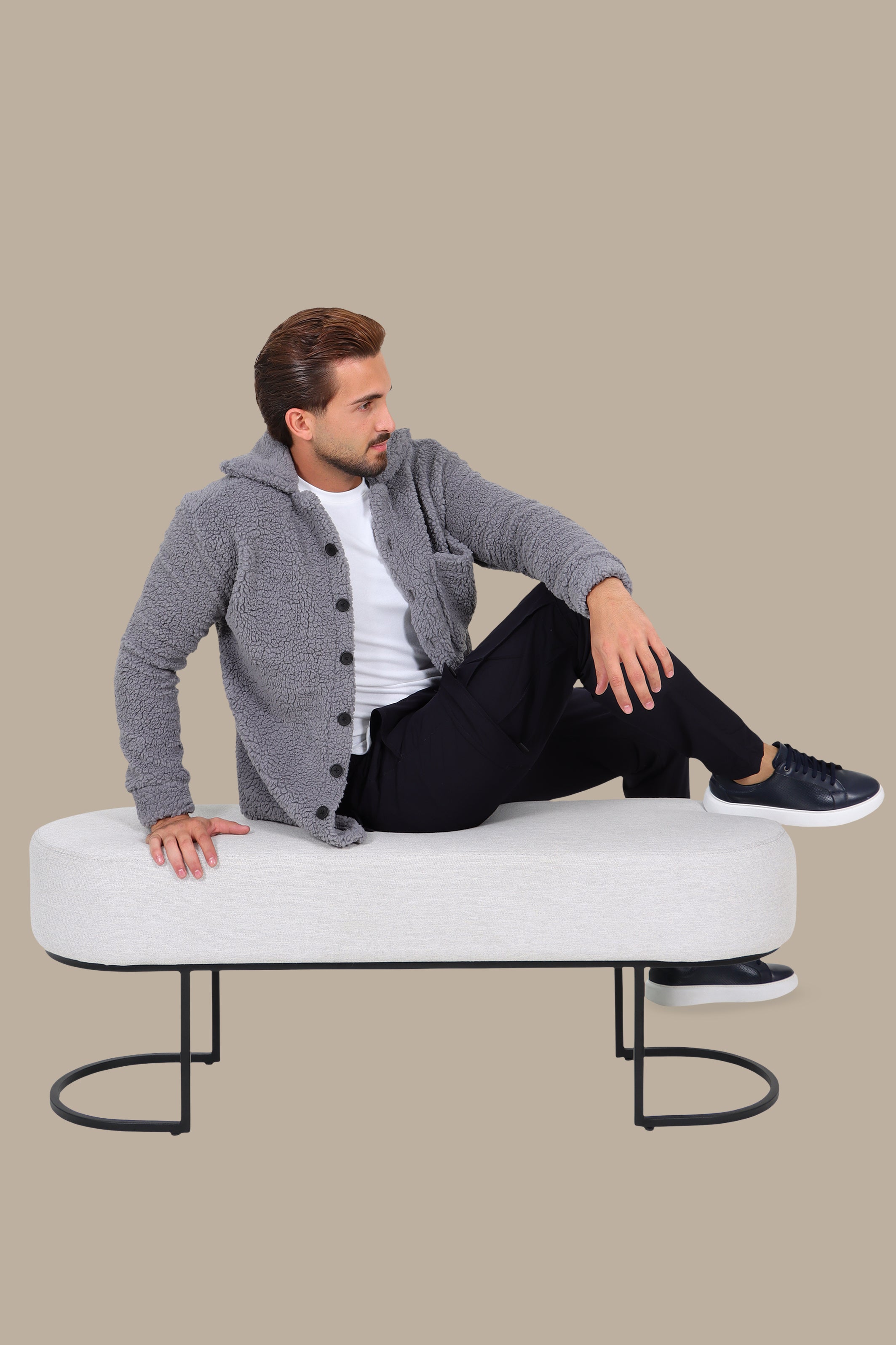 Grey Full-Button Teddy Cardigan