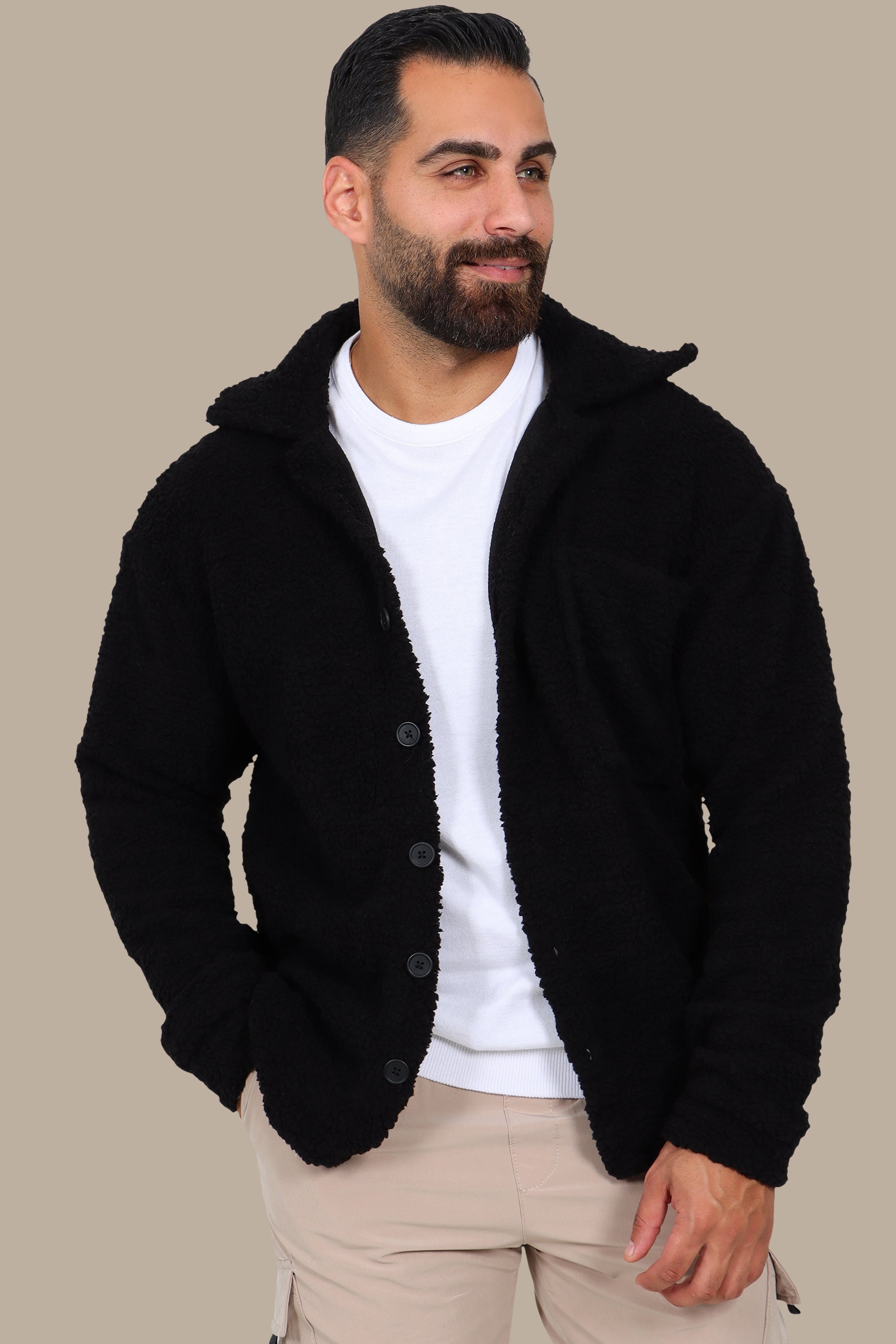 Black Teddy-Lamp Buttoned Cardigan