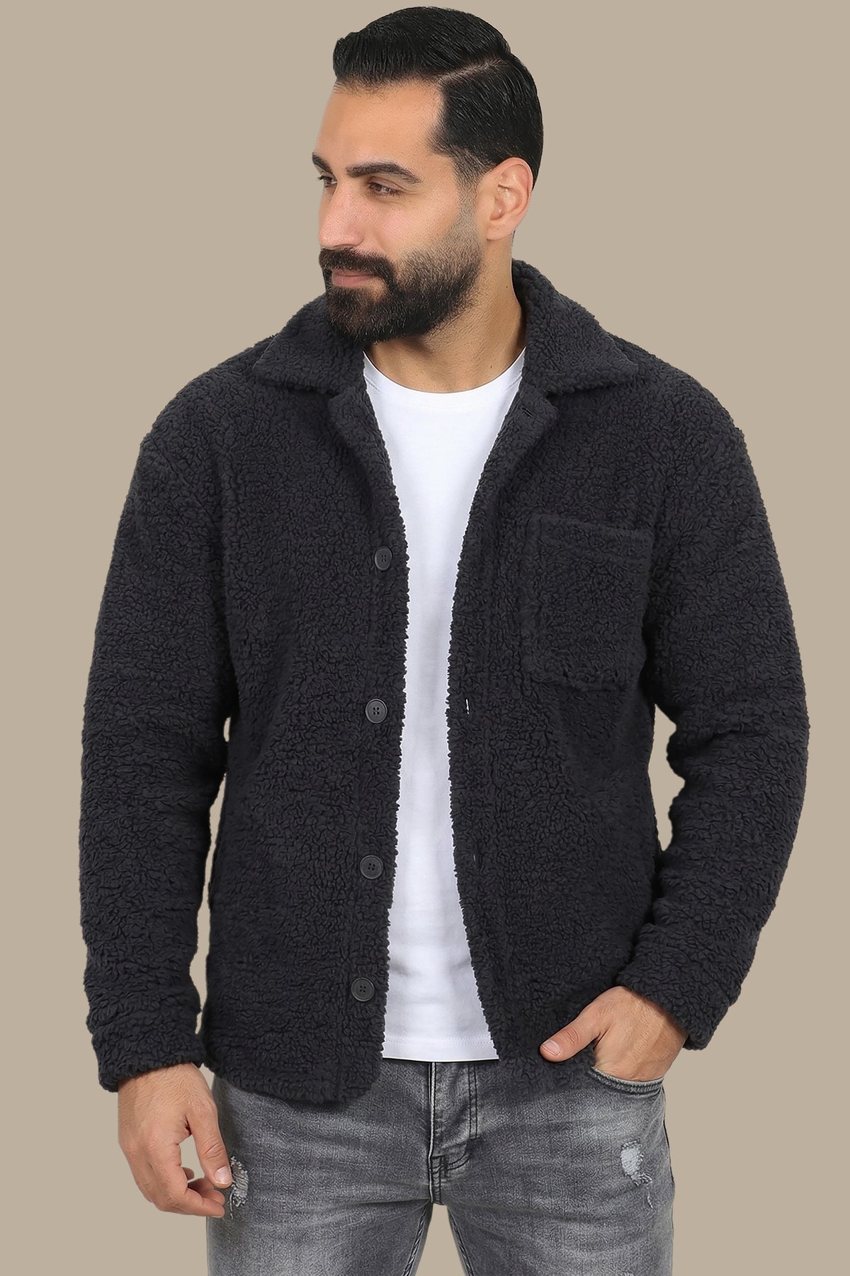 Black Teddy-Lamp Buttoned Cardigan