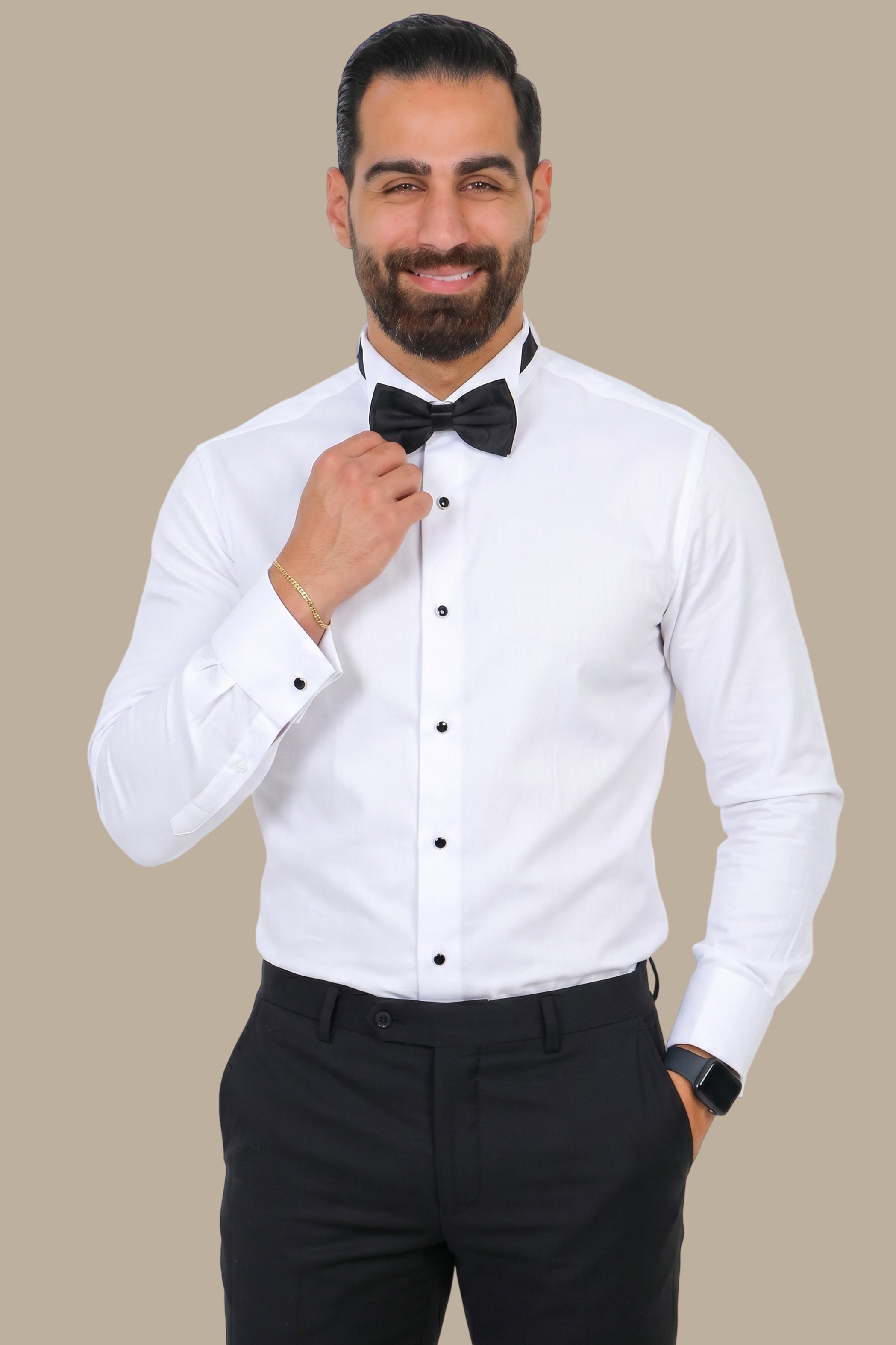 White Long Tuxedo Shirt with Black Buttons