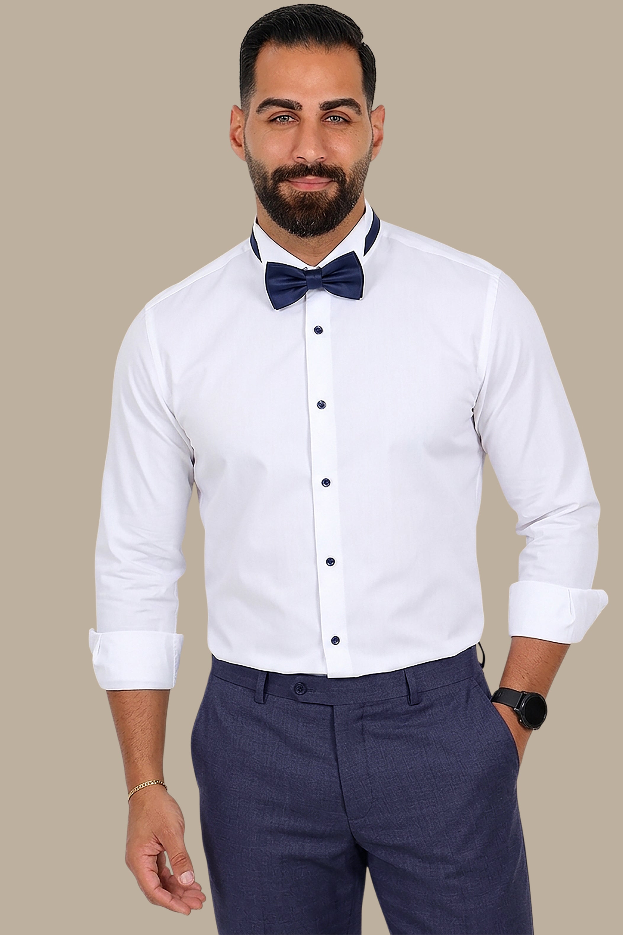 Shirt Tuxedo Black Button Long | White
