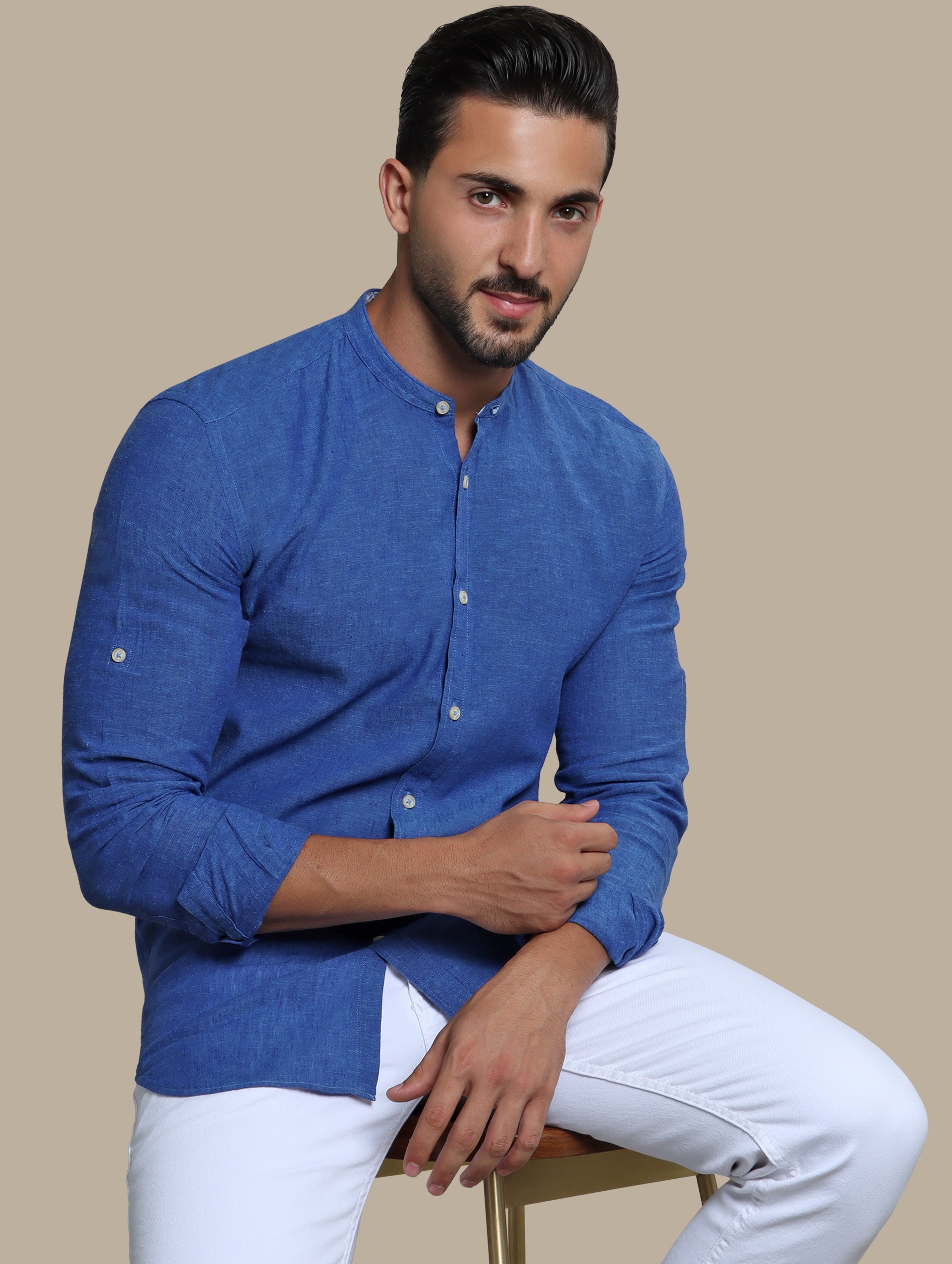 Shirt Linen Col Mao Inside Print | Indigo