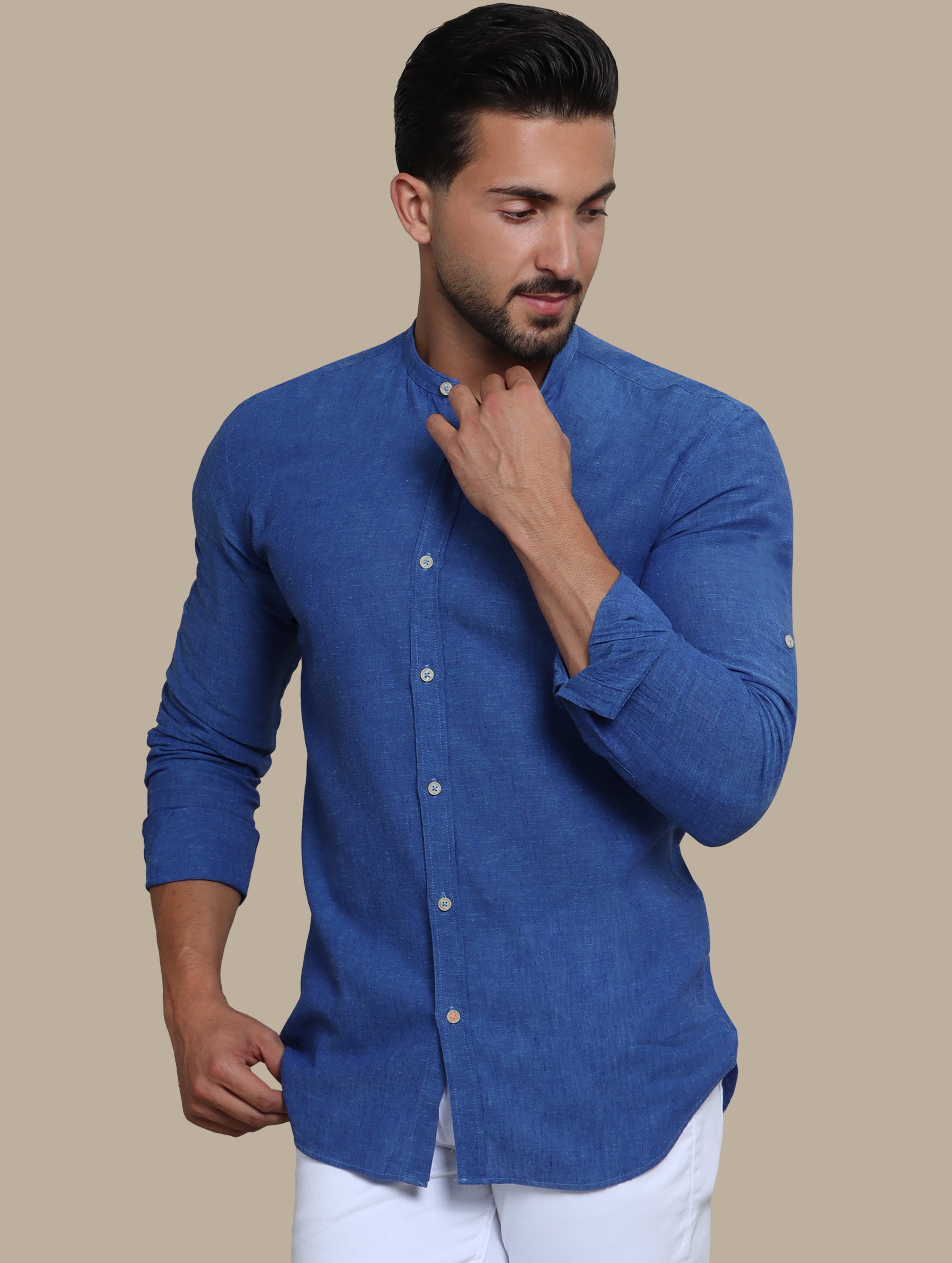 Shirt Linen Col Mao Inside Print | Indigo