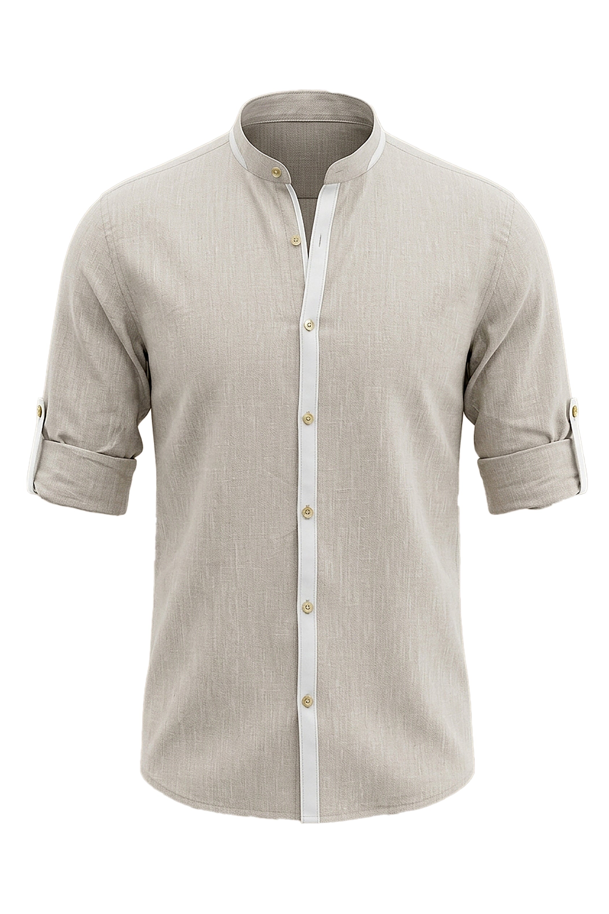 Beige Linen Mao Collar Shirt with White Piping