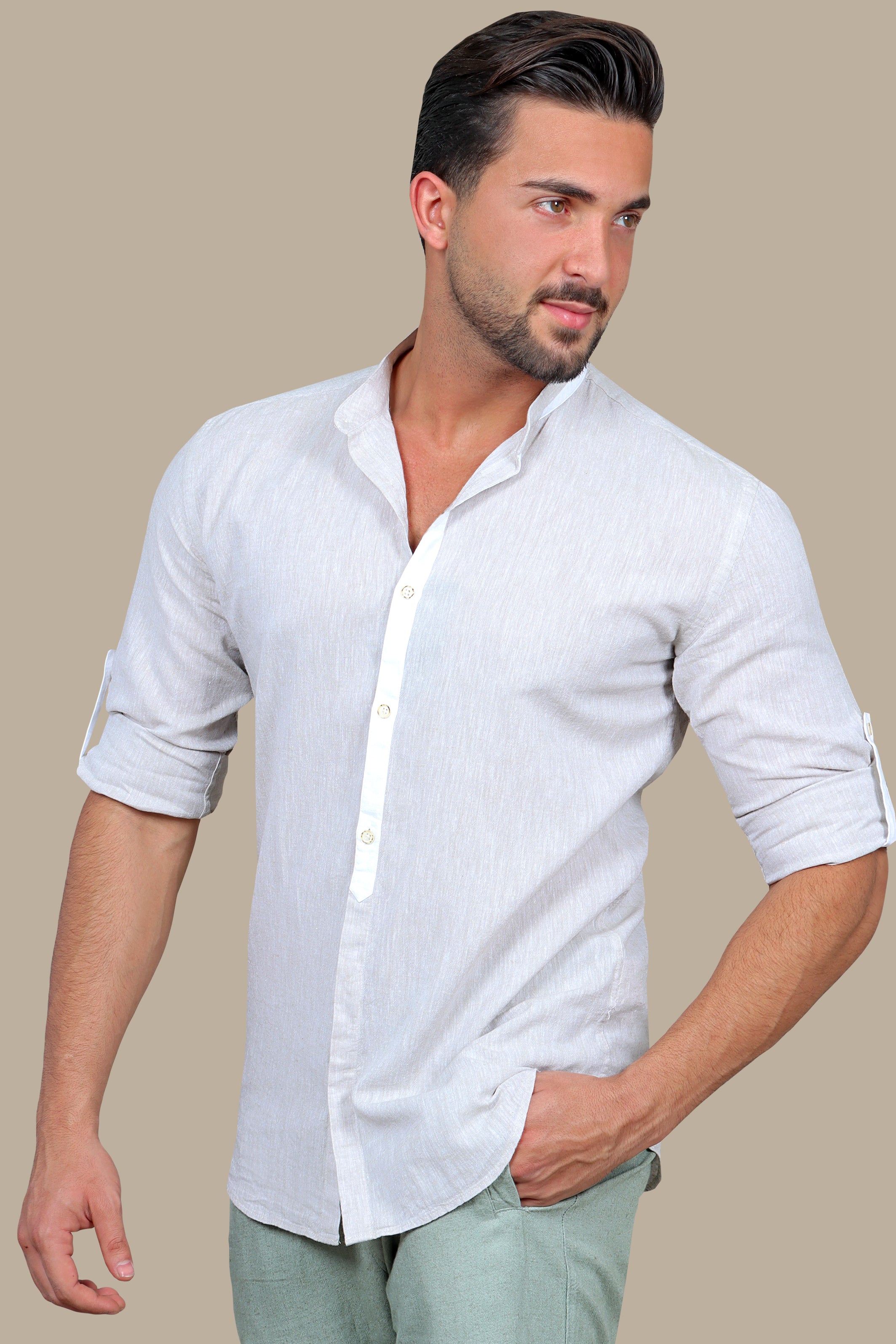Beige Linen Mao Collar Shirt with White Piping