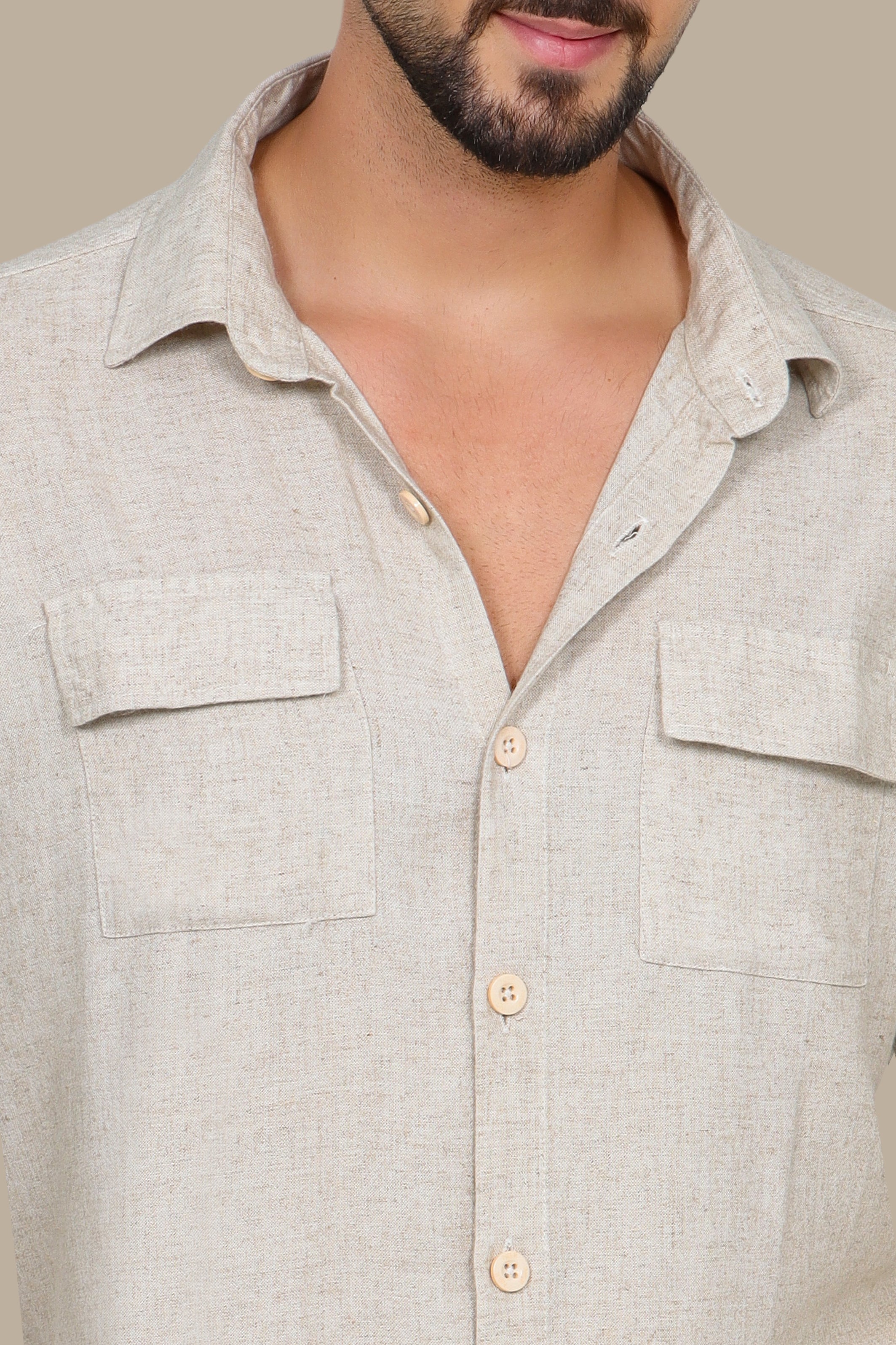 Classic Beige Linen Shirt with Flap Pockets