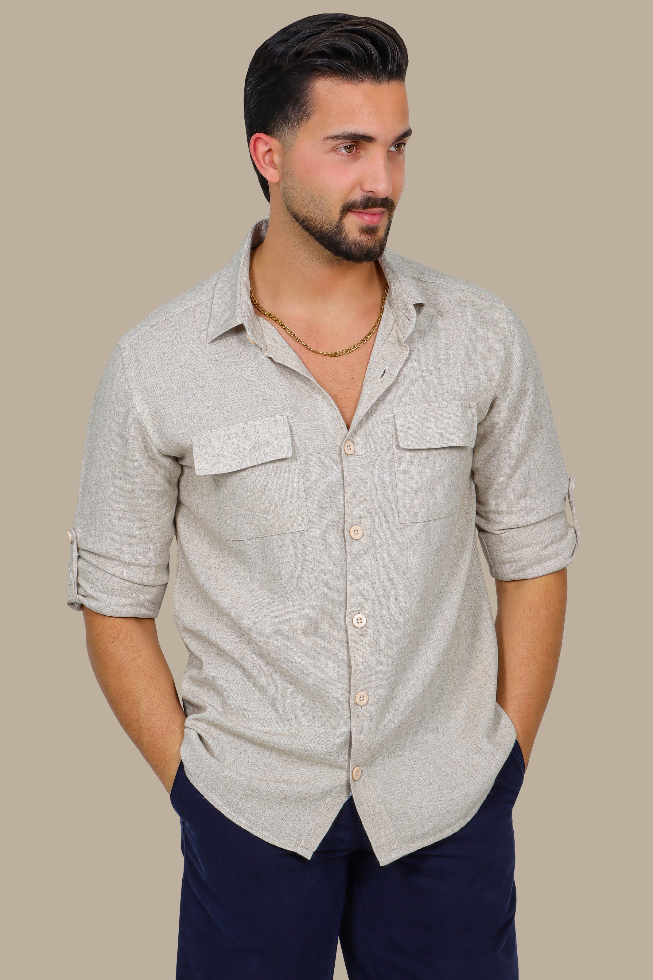 Classic Beige Linen Shirt with Flap Pockets