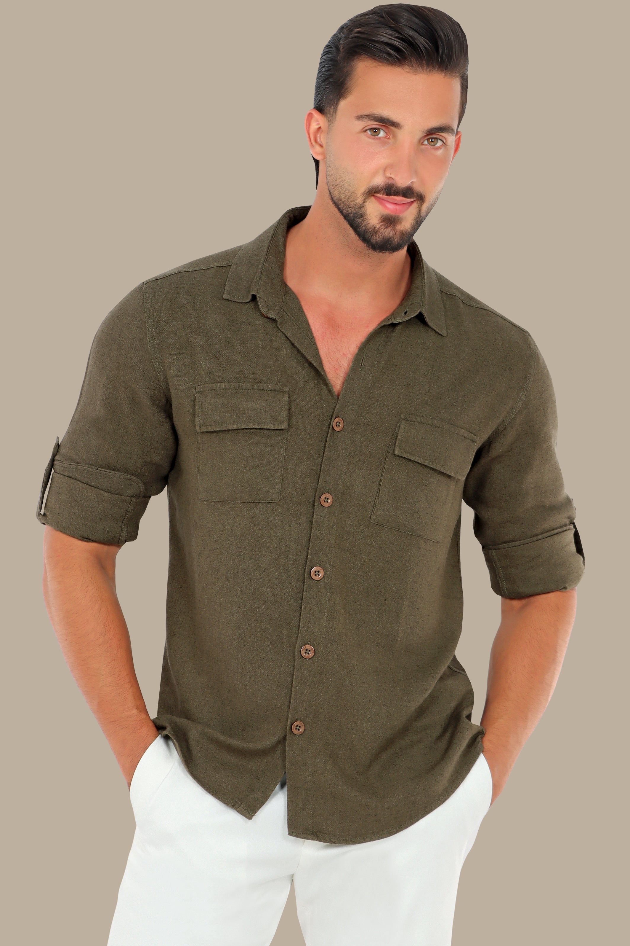 Khaki Linen Shirt with Flap Pockets