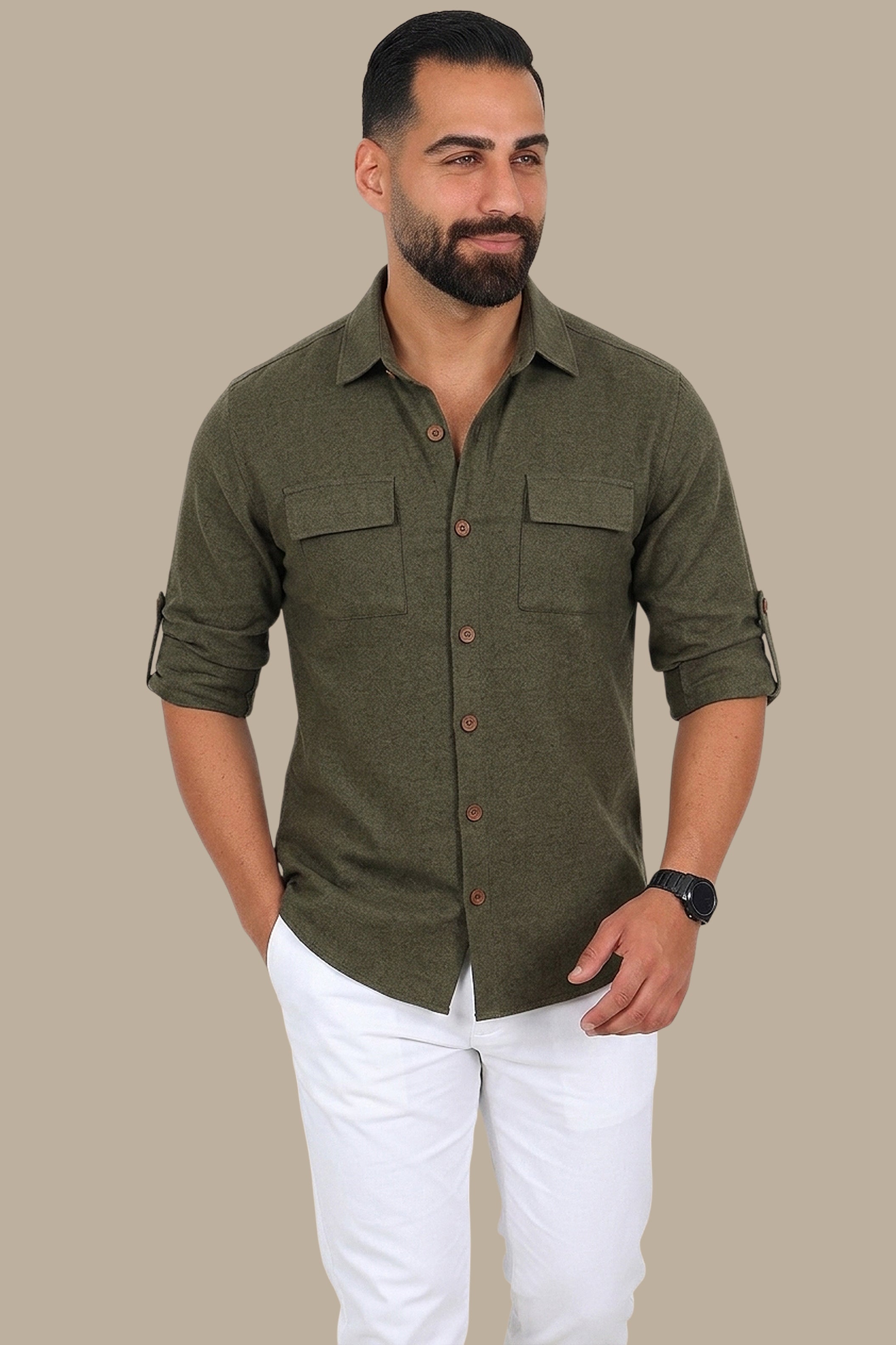 Khaki Linen Shirt with Flap Pockets