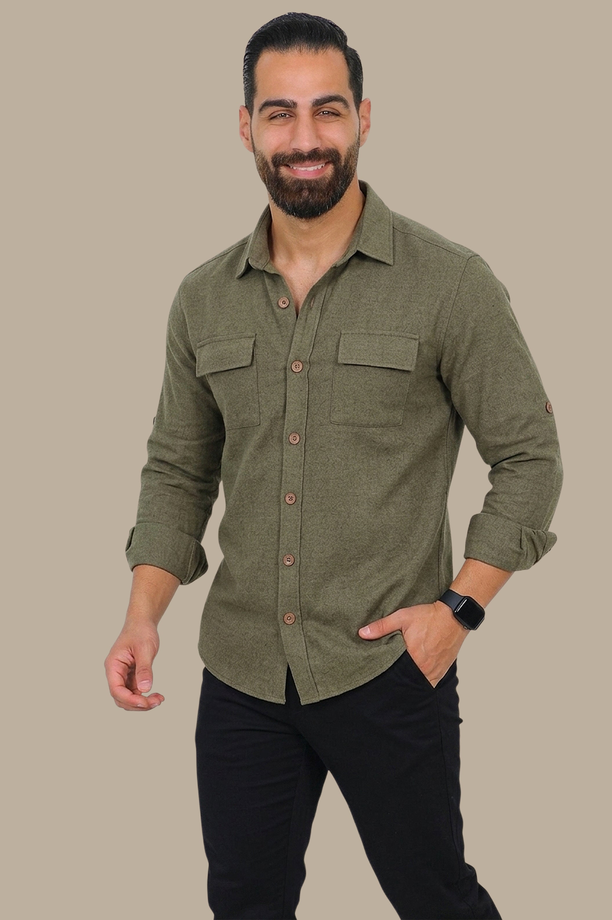 Khaki Linen Shirt with Flap Pockets