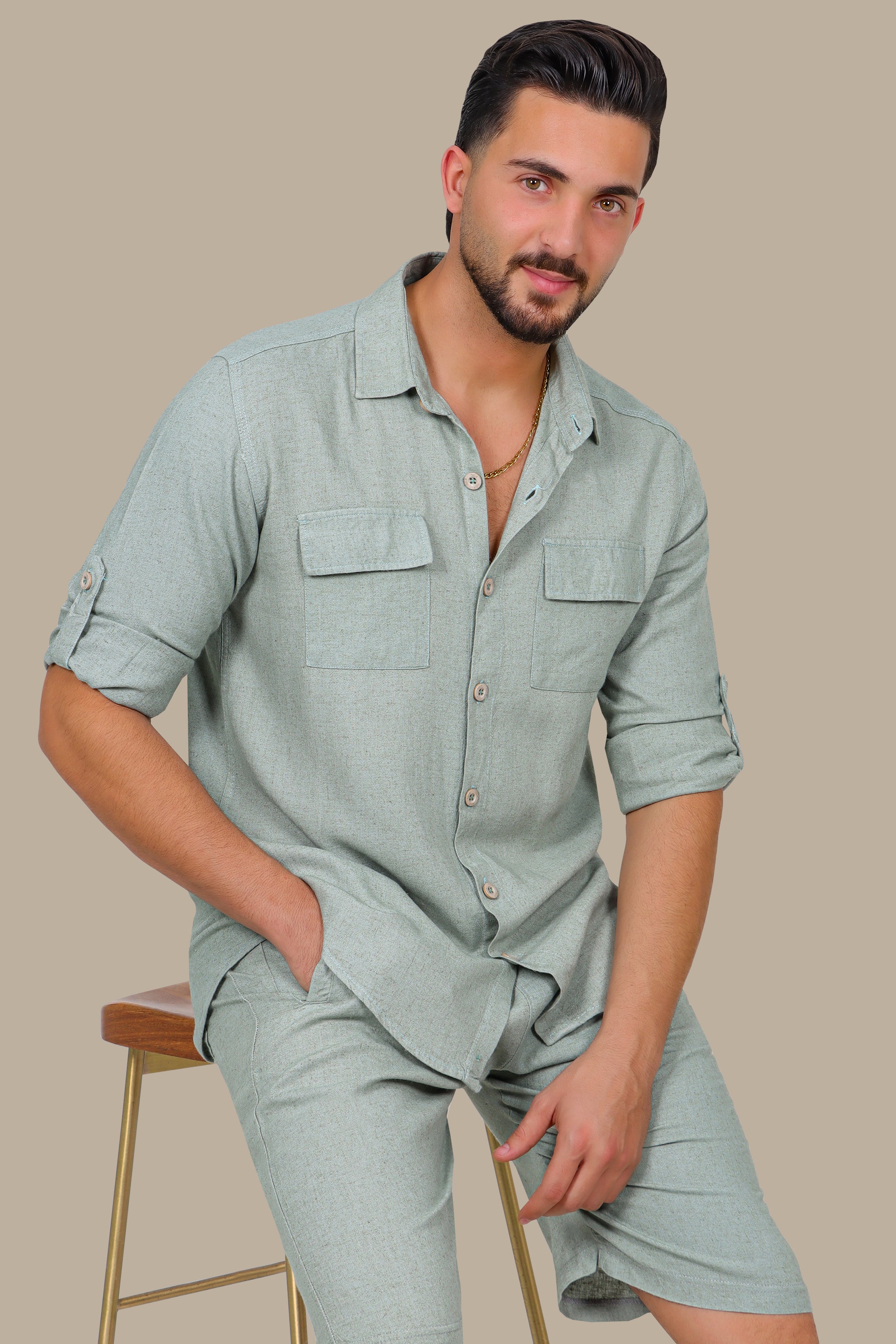 Olive Linen Shirt with Flap Pockets