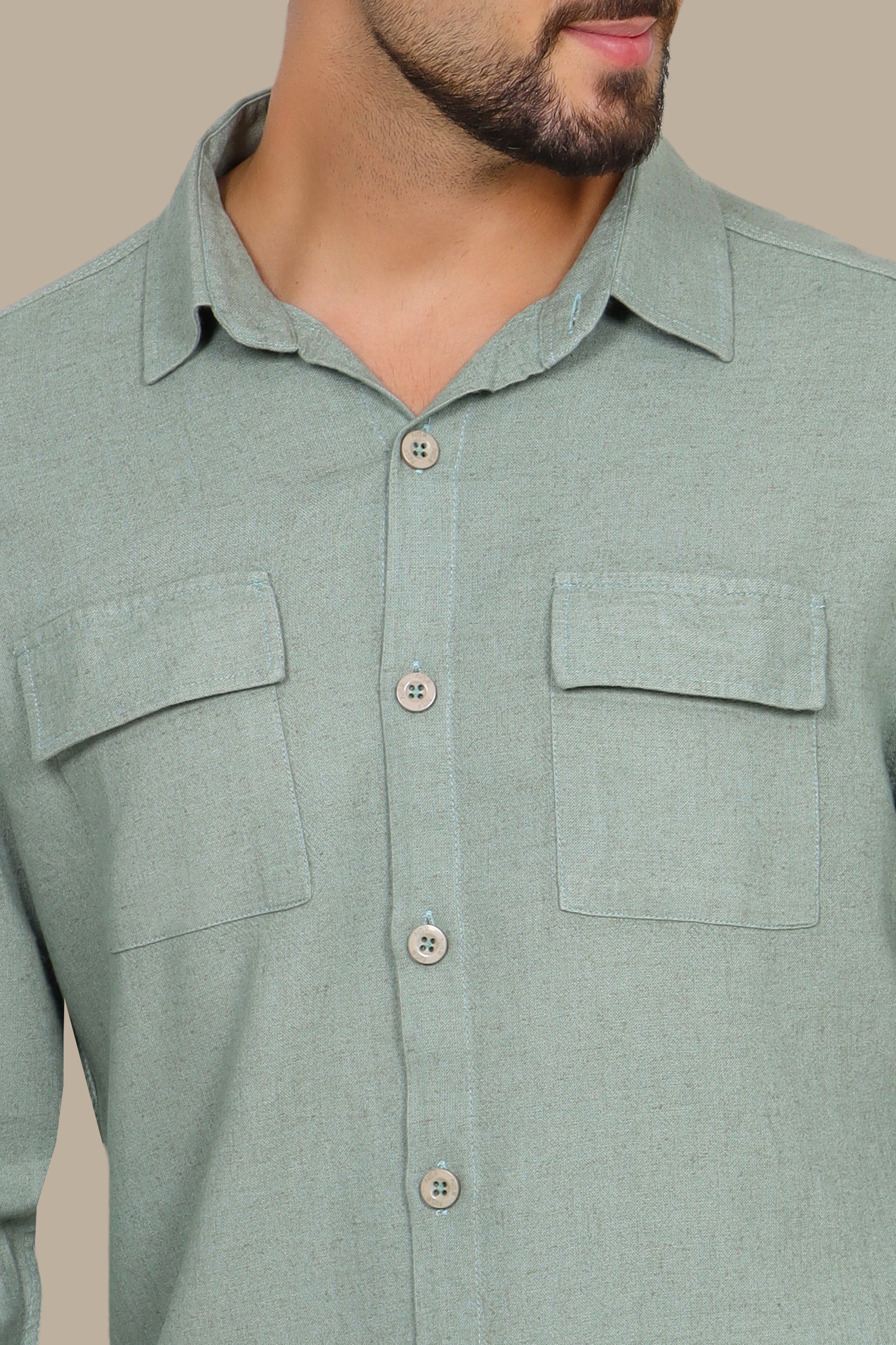 Olive Linen Shirt with Flap Pockets
