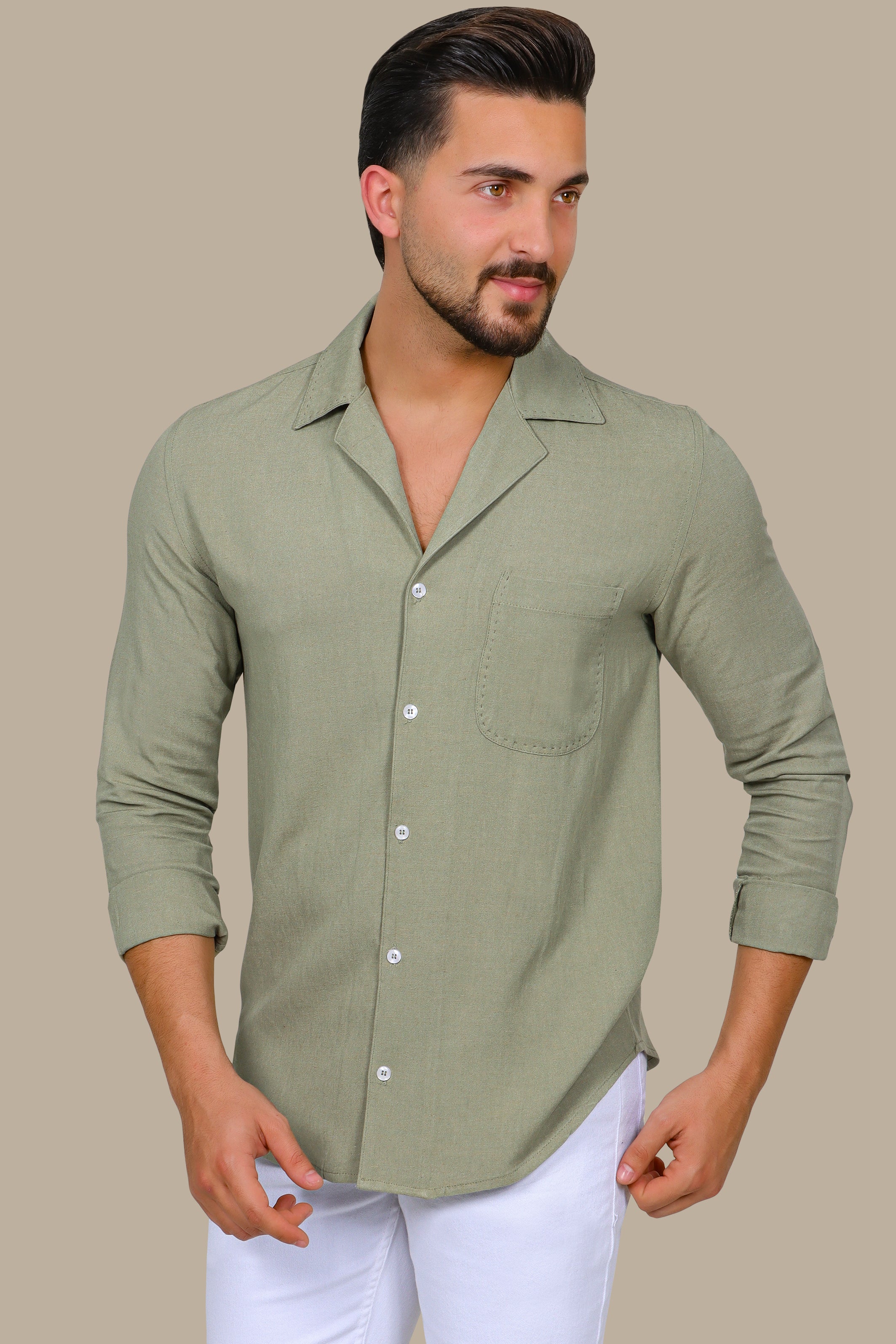 Olive Linen Patch Djellaba Shirt