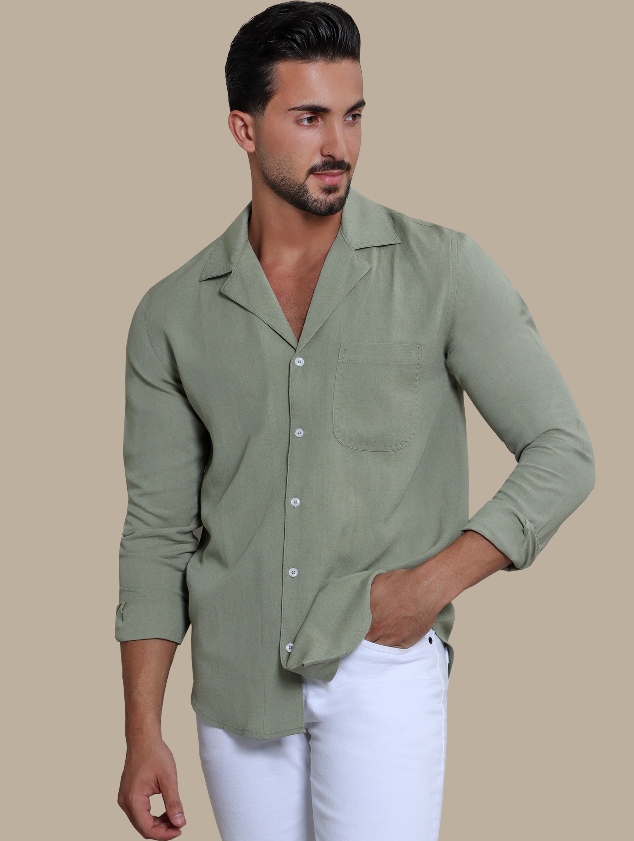 Olive Linen Patch Djellaba Shirt