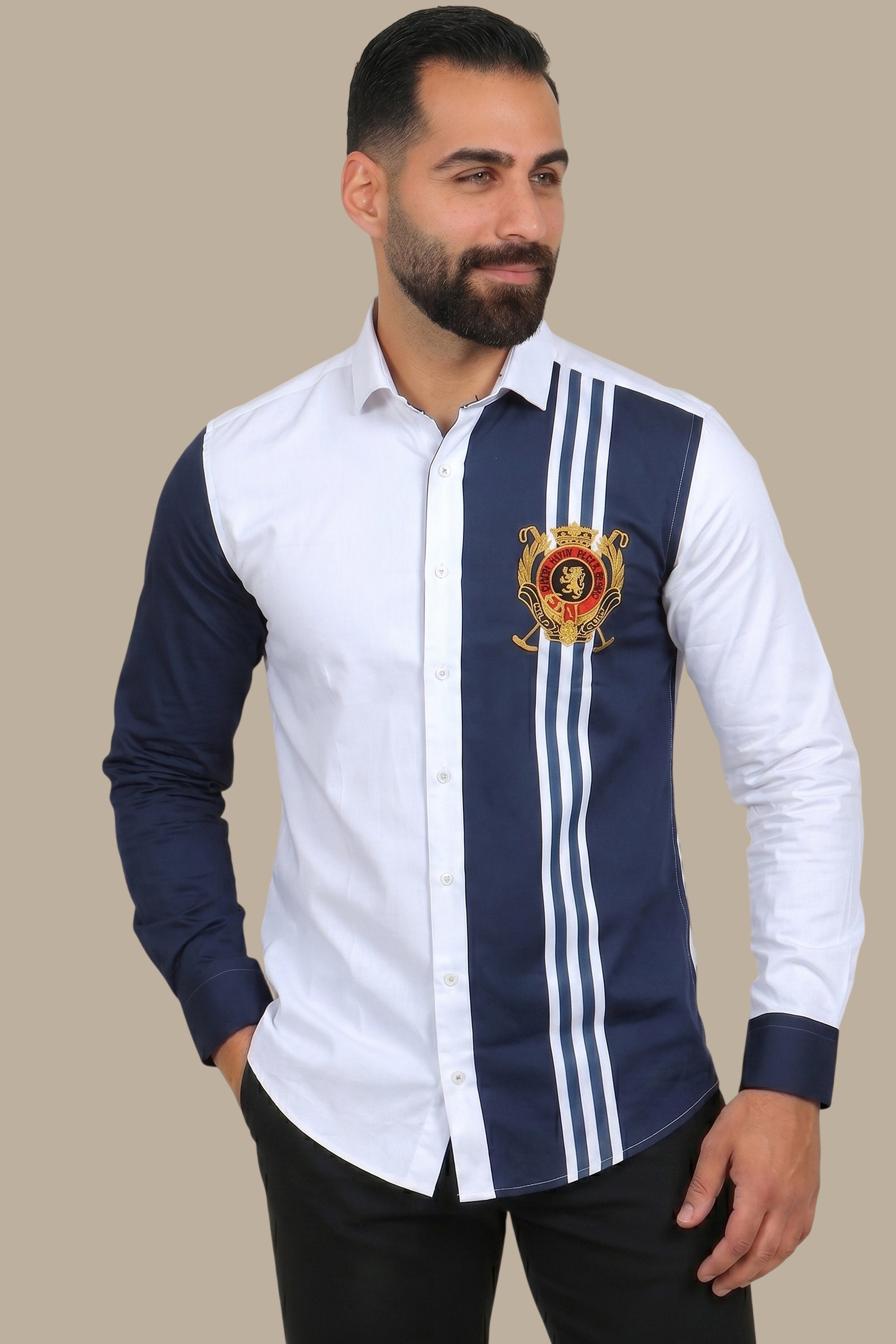 Regal Pride: White Shirt with Lion and Polo Badge Embellishments