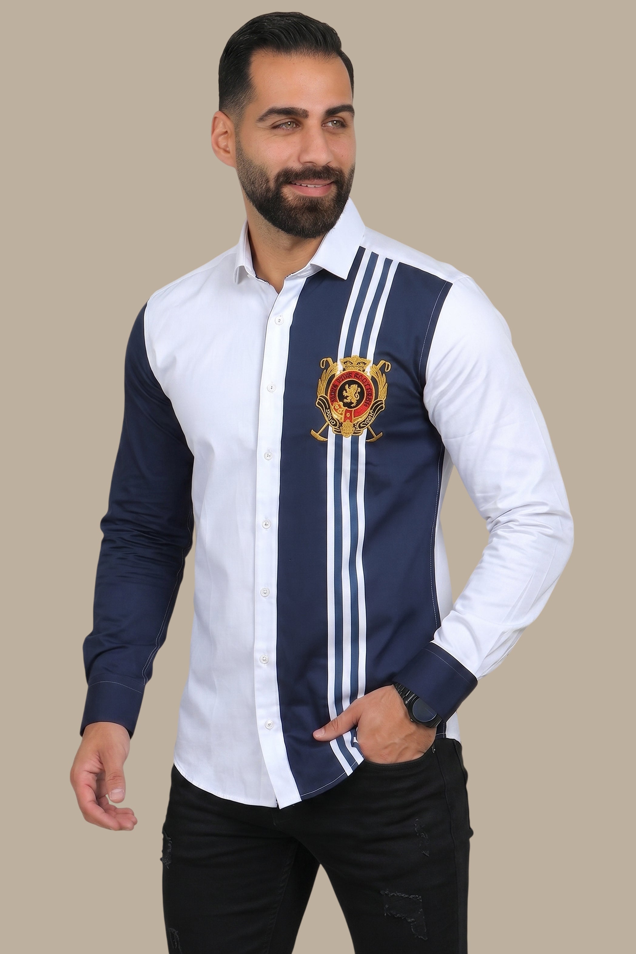 Regal Pride: White Shirt with Lion and Polo Badge Embellishments
