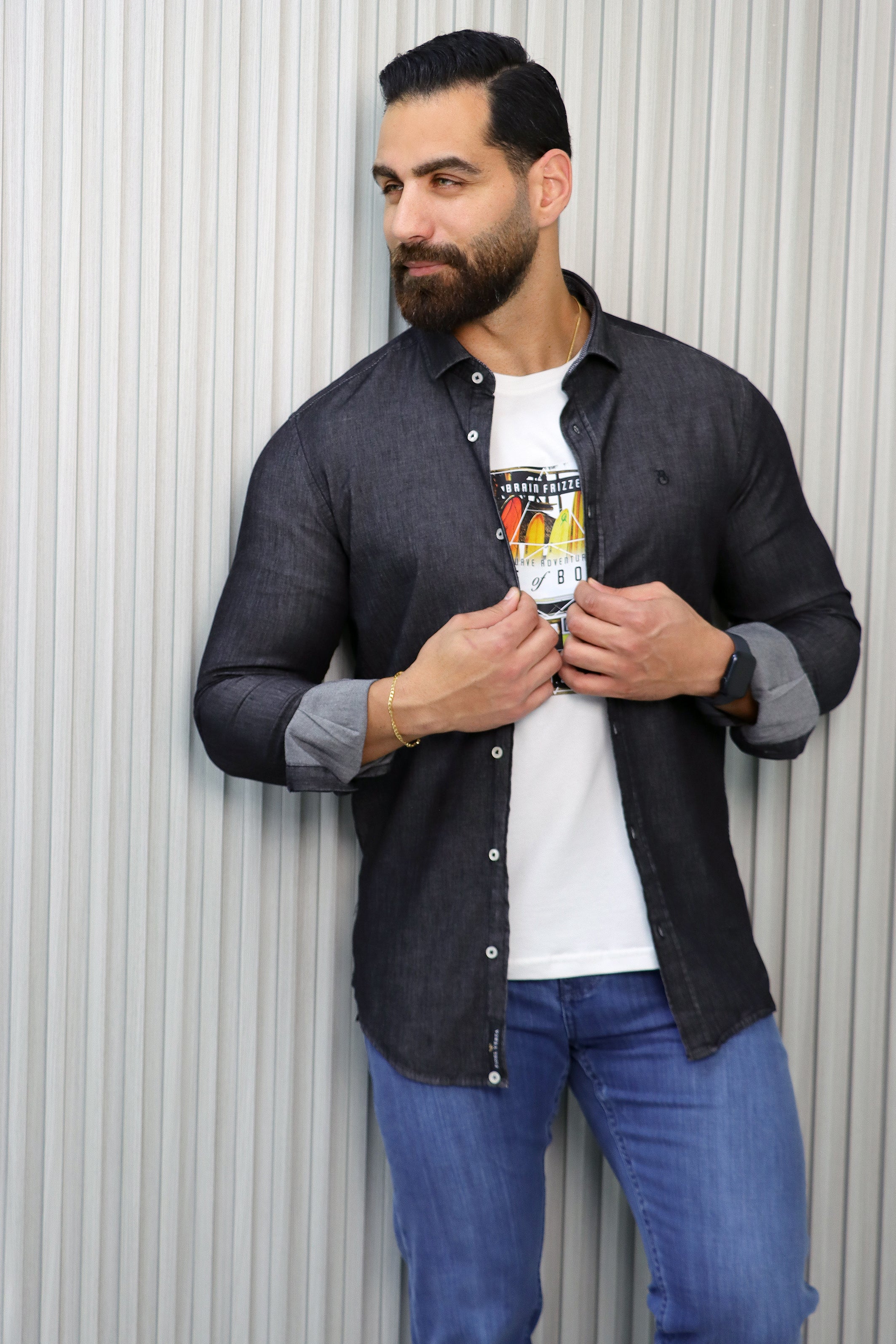 Blue Denim Shirt with Inner Print Detail