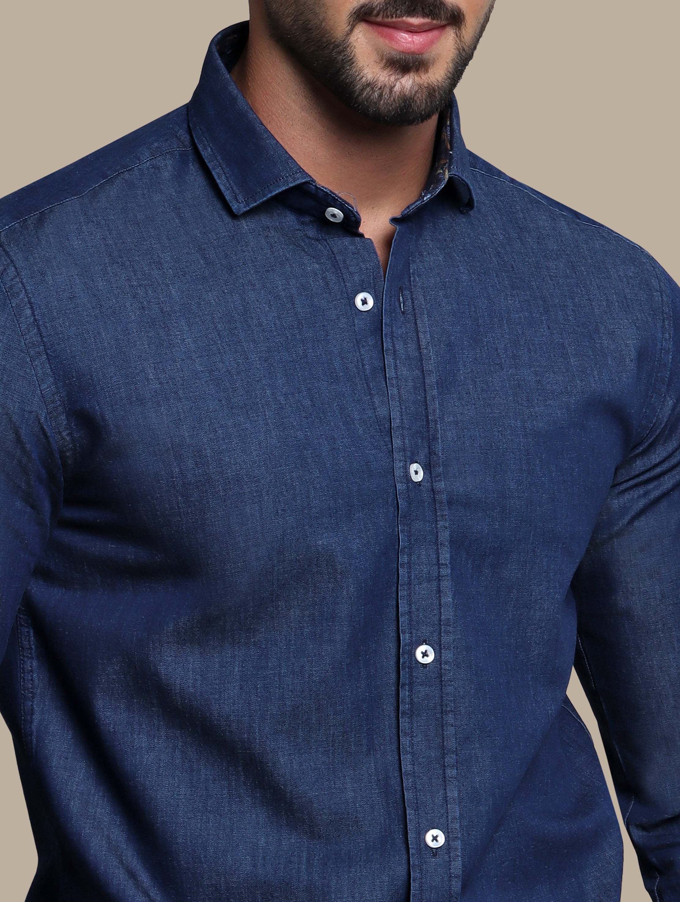 Blue Denim Shirt with Inner Print Detail