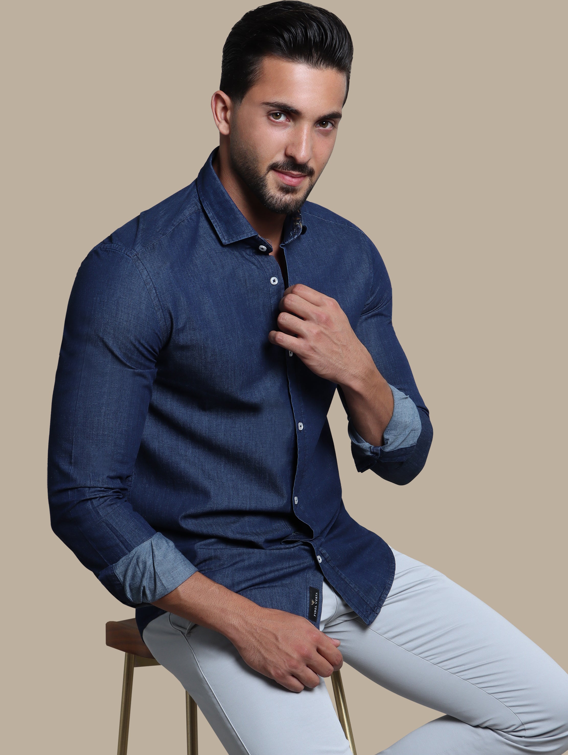 Blue Denim Shirt with Inner Print Detail