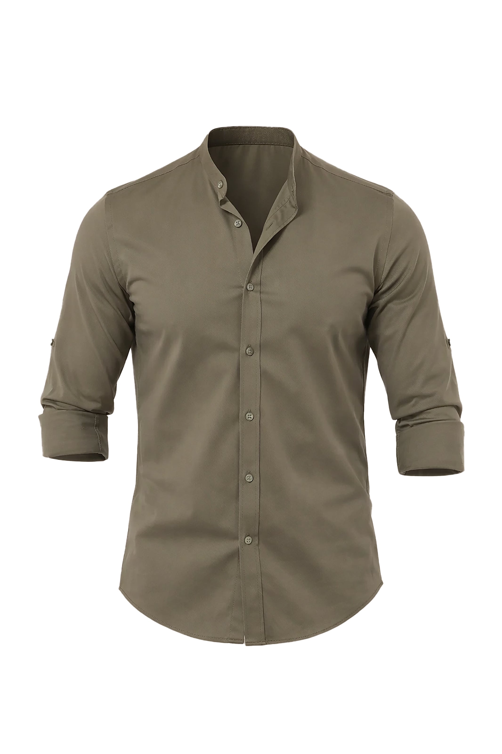 Khaki Casual Lycra Col Mao Shirt