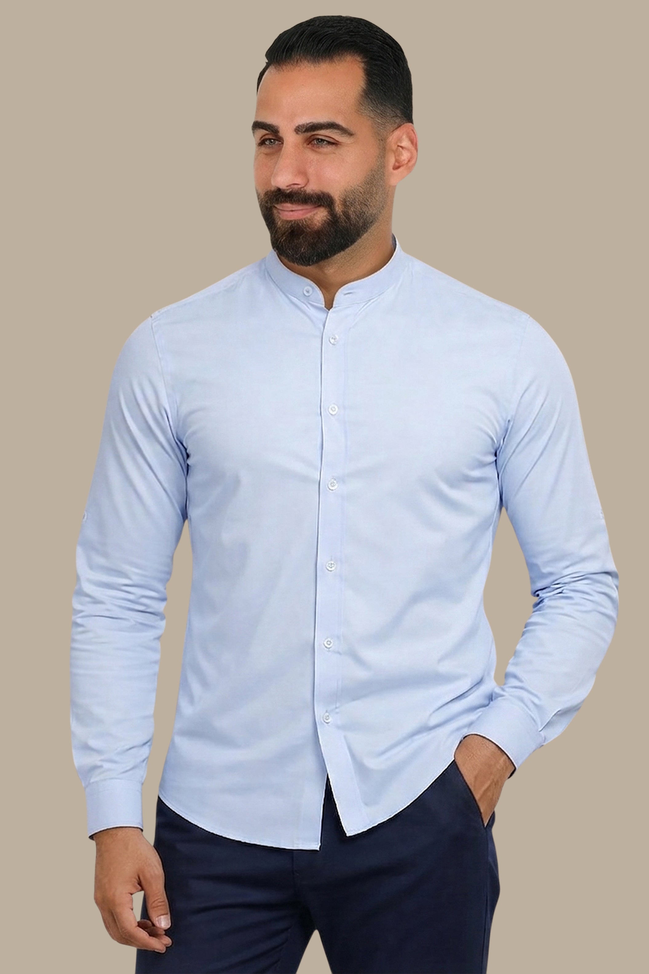 Light Blue Lycra Col Mao Casual Shirt