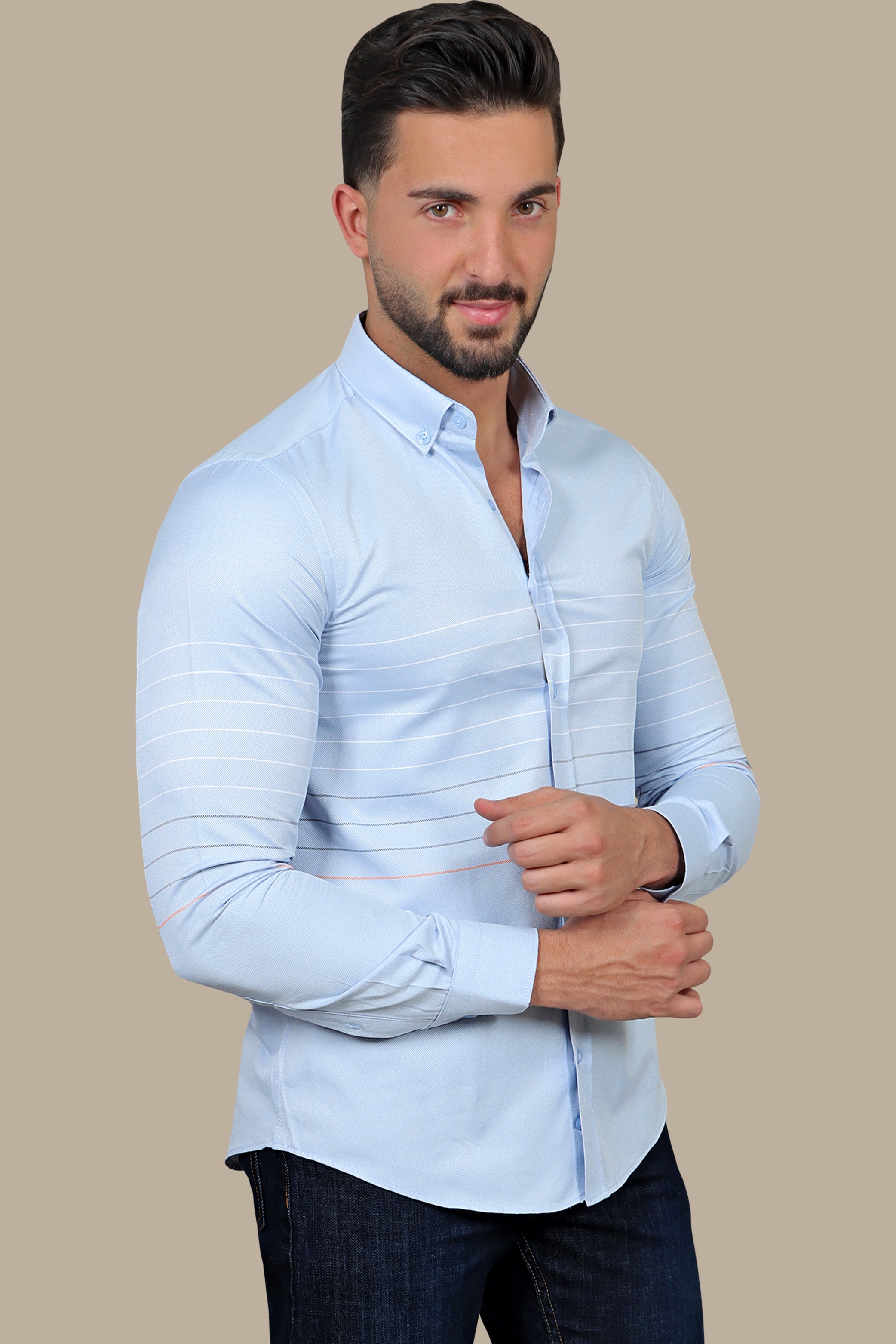 Sky Serenity: Light Blue Thin Stripes Shirt