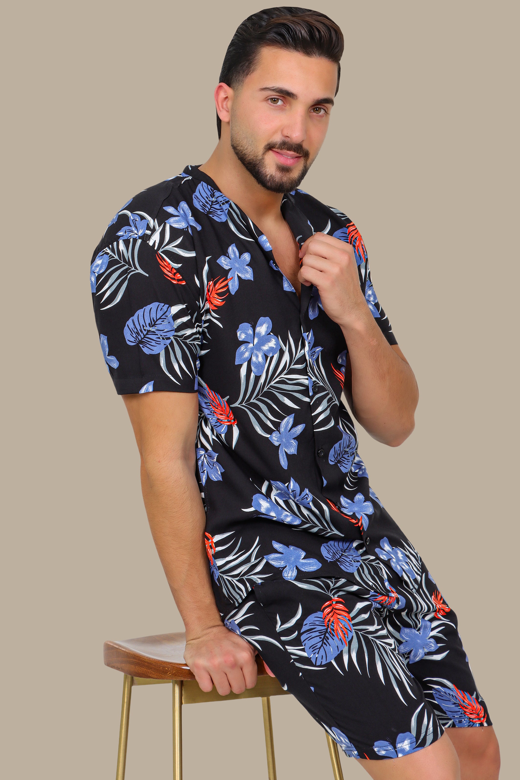 Black Hawaiian Shirt with Blue Leaves Print